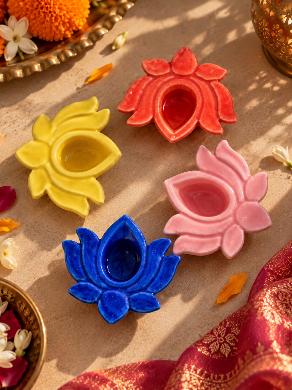 Mittiraa Home Lotus Diyas 🪔 | Hand-Painted Ceramic Diyas (Set of 4)