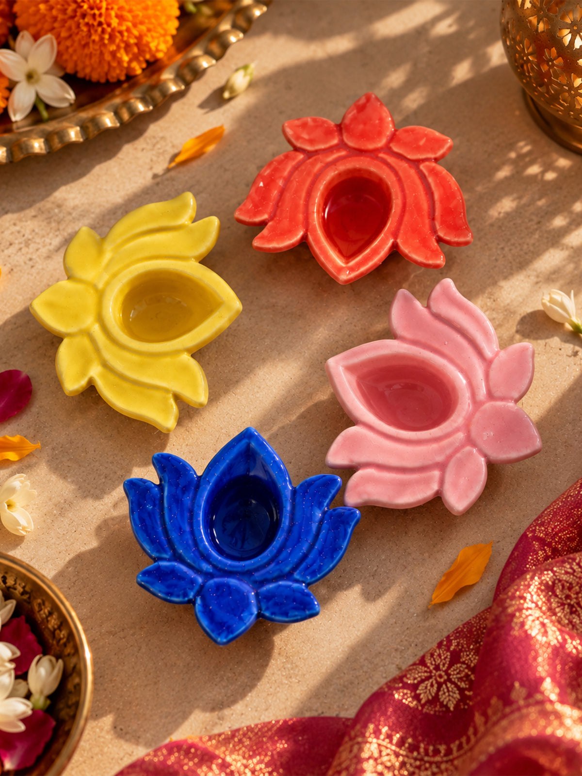 Mittiraa Home Lotus Diyas 🪔 | Hand-Painted Ceramic Diyas (Set of 4)