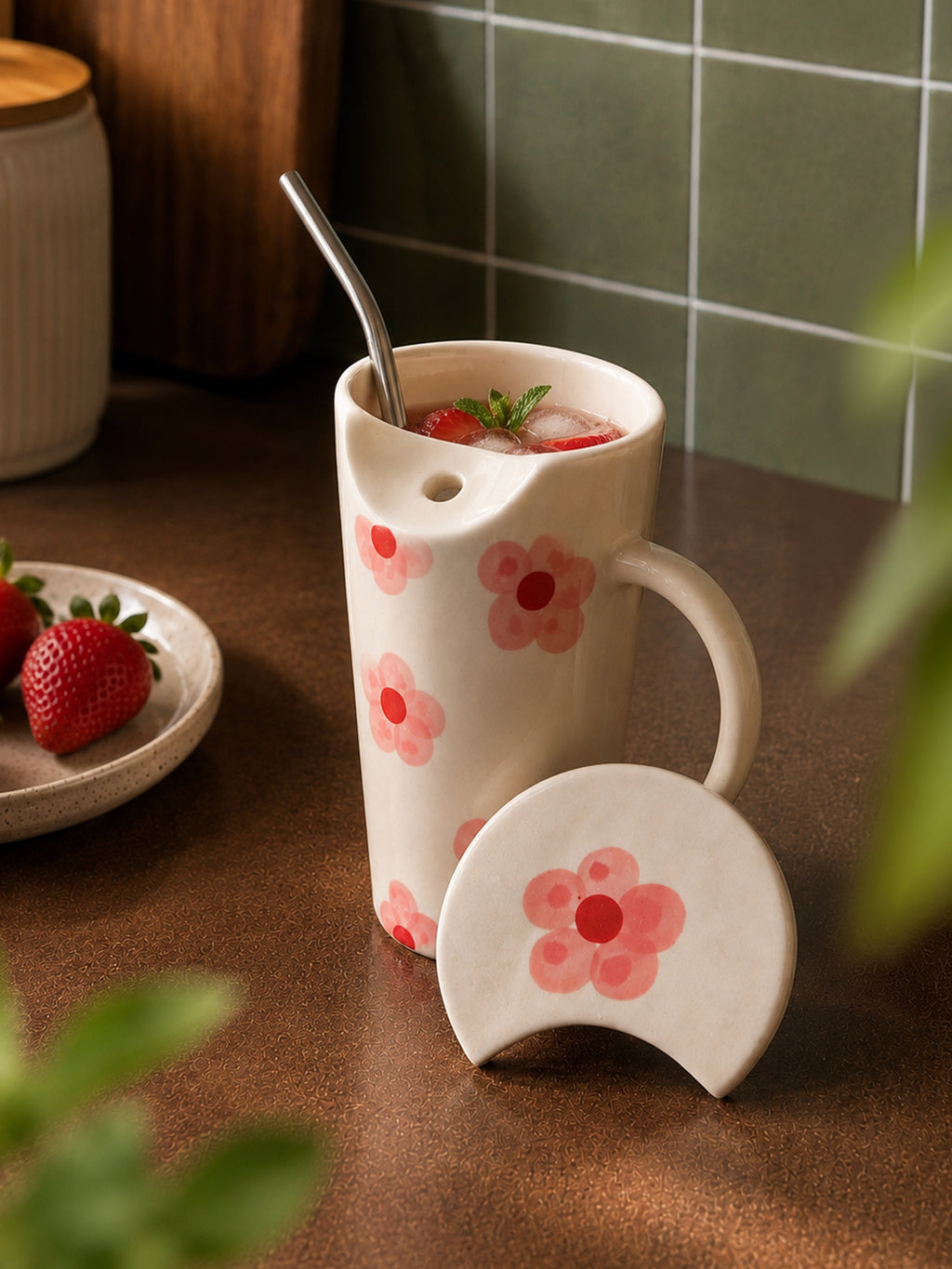 Mittiraa Home Blossom Flower Sipper Mug with Lid + Steel Straw