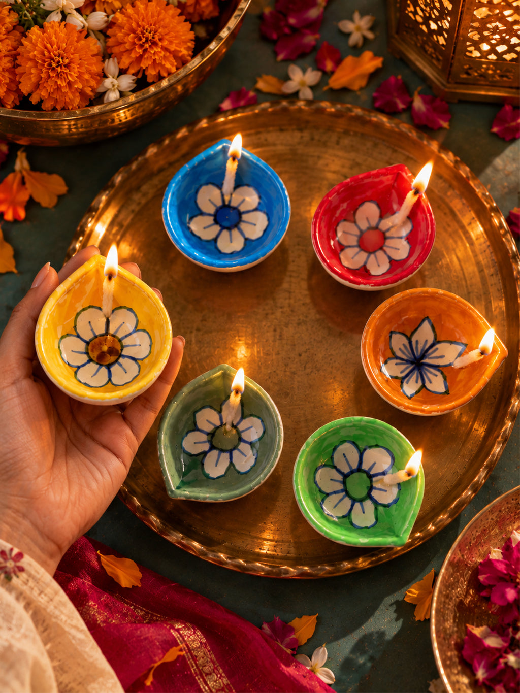 Mittiraa Home Flower Diyas 🪔 | Hand-Painted Ceramic Diyas (Set of 6)