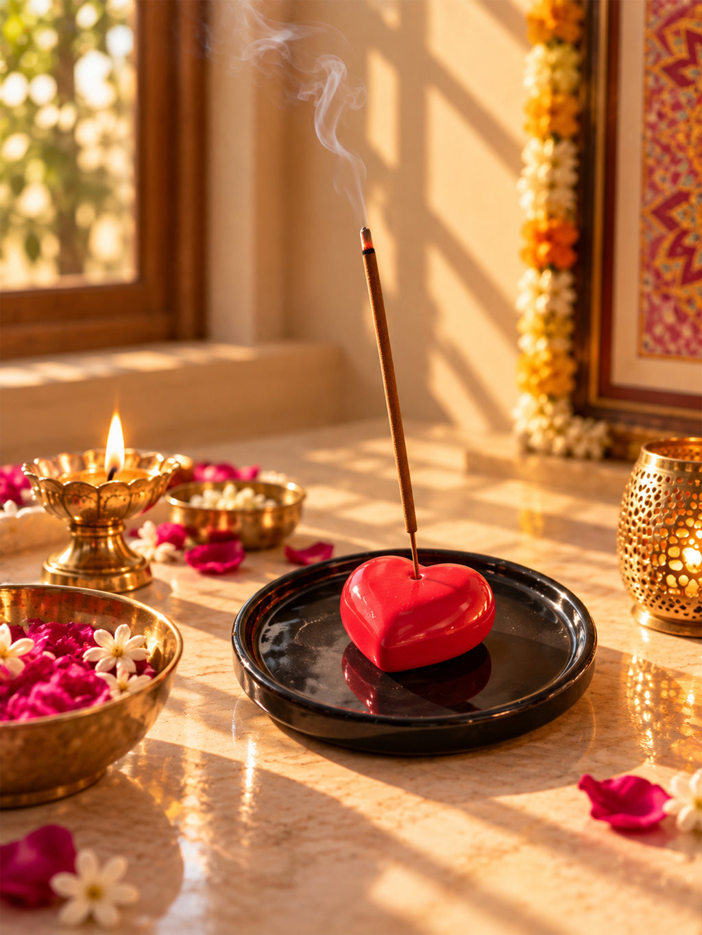 Mittiraa Home Heart-shaped ceramic incense stick black stand
