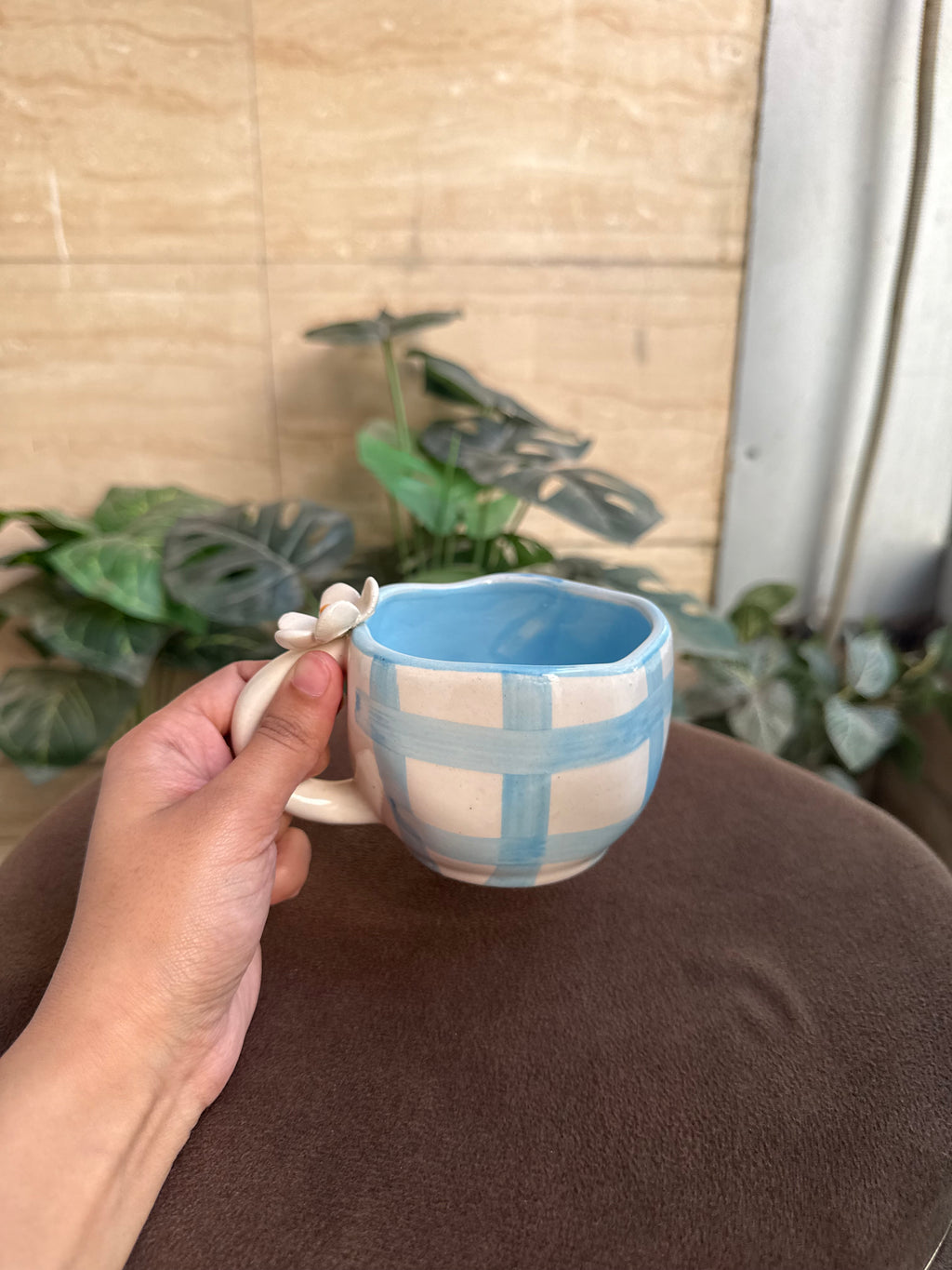 Blue Checks Flower Mug