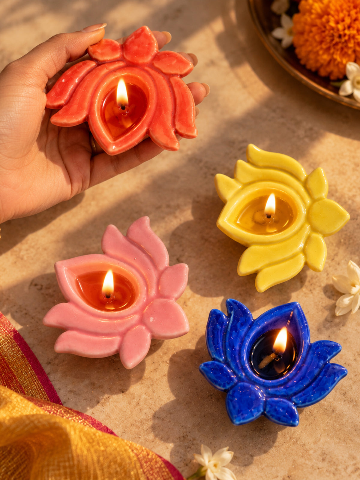 Mittiraa Home Lotus Diyas 🪔 | Hand-Painted Ceramic Diyas (Set of 4)