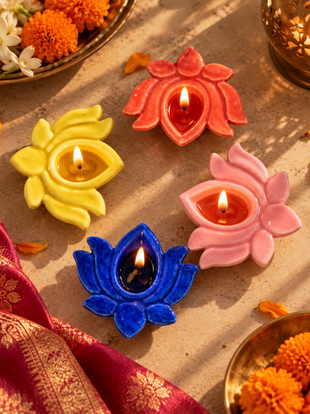 Mittiraa Home Lotus Diyas 🪔 | Hand-Painted Ceramic Diyas (Set of 4)
