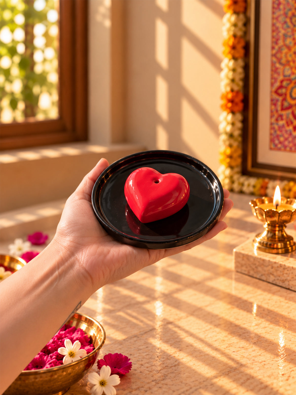Mittiraa Home Heart-shaped ceramic incense stick black stand