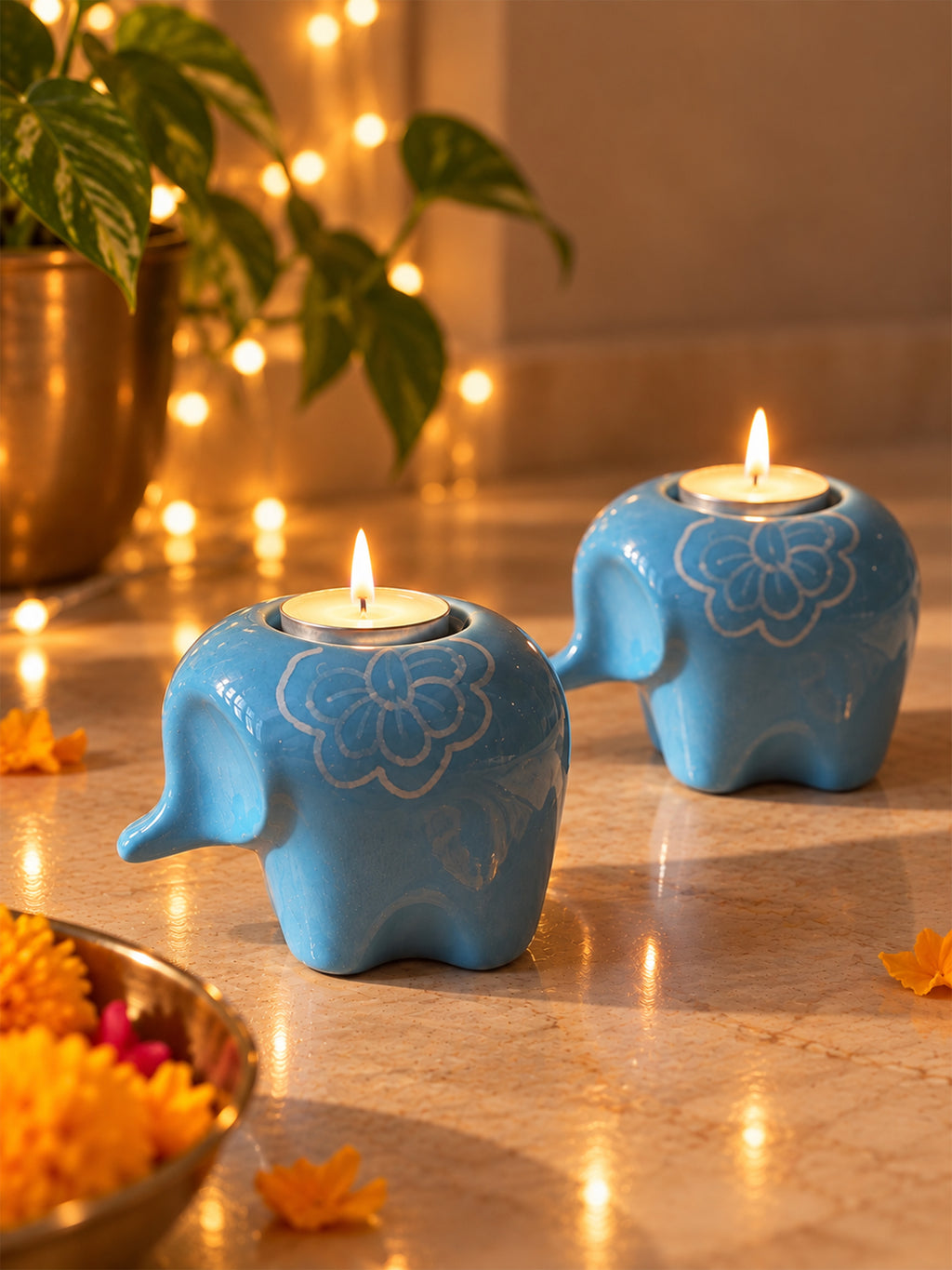 Mittiraa Home Blue Elephant Tealight Holder 🪔