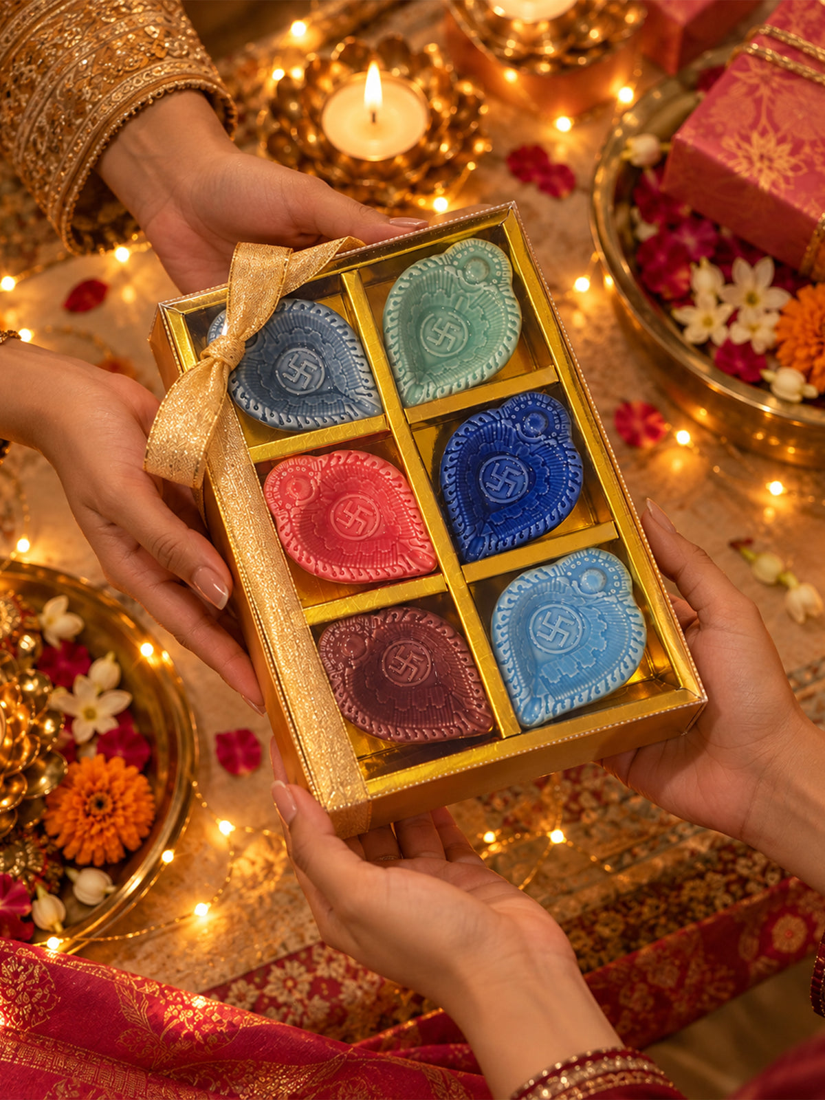 Mittiraa Home Colourful Ceramic Diya Gift Set | Beautiful Gift Pack | Set of 4