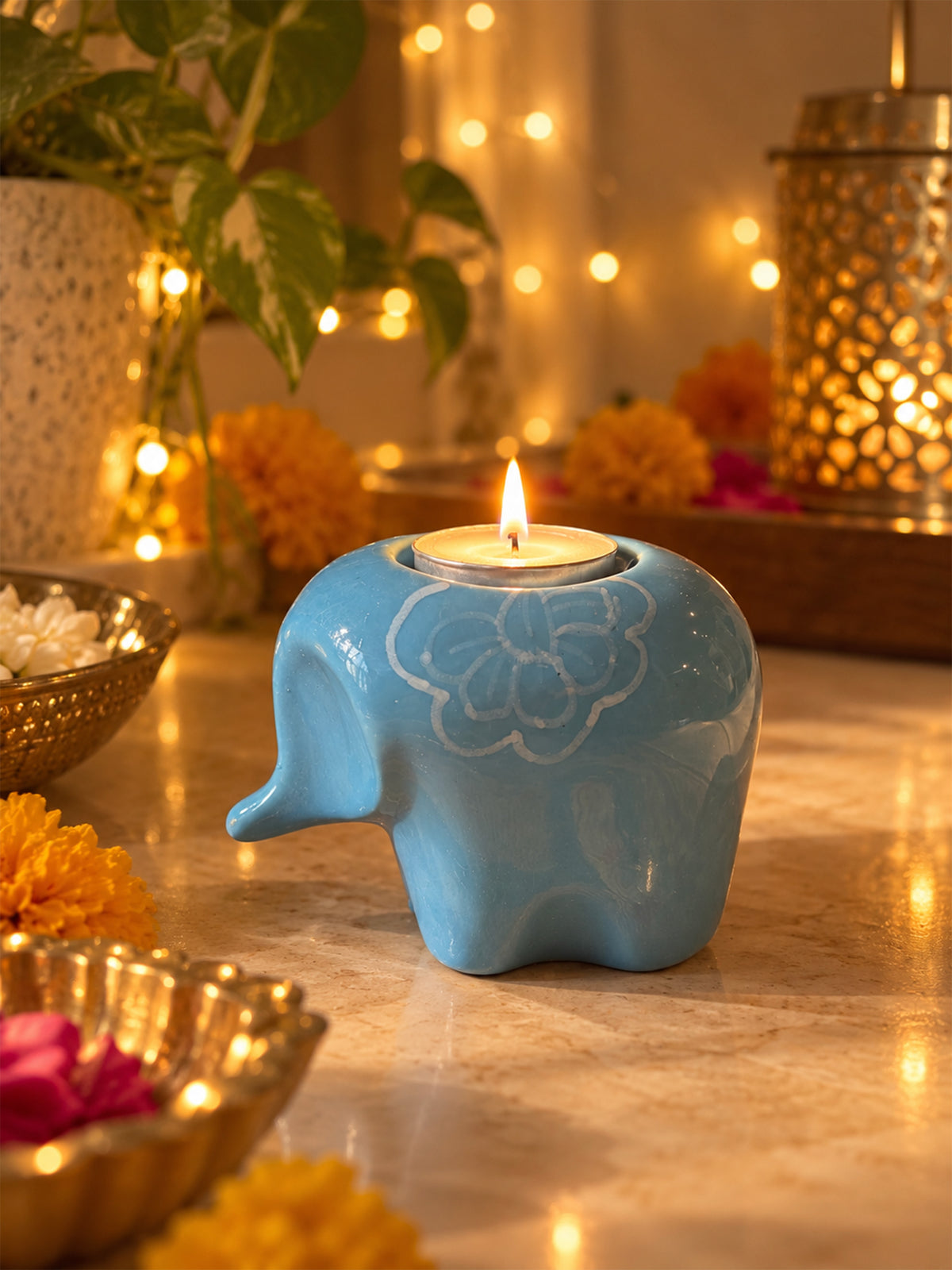 Mittiraa Home Blue Elephant Tealight Holder 🪔