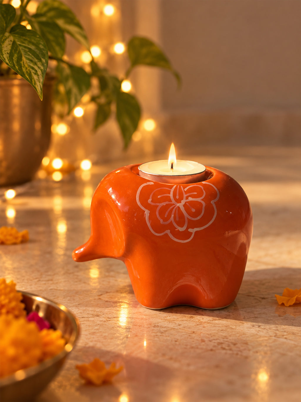 Mittiraa Home Orange Elephant Tealight Holder🪔
