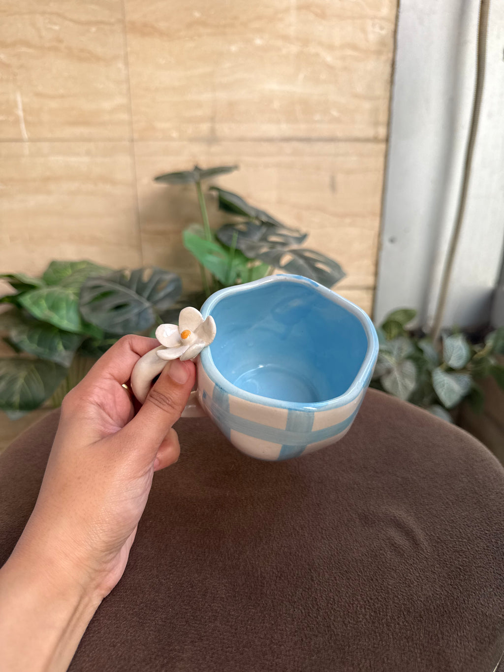 Blue Checks Flower Mug