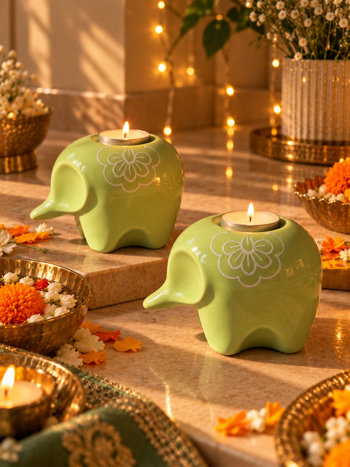 Mittiraa Home Mint Green Elephant Tealight Holder