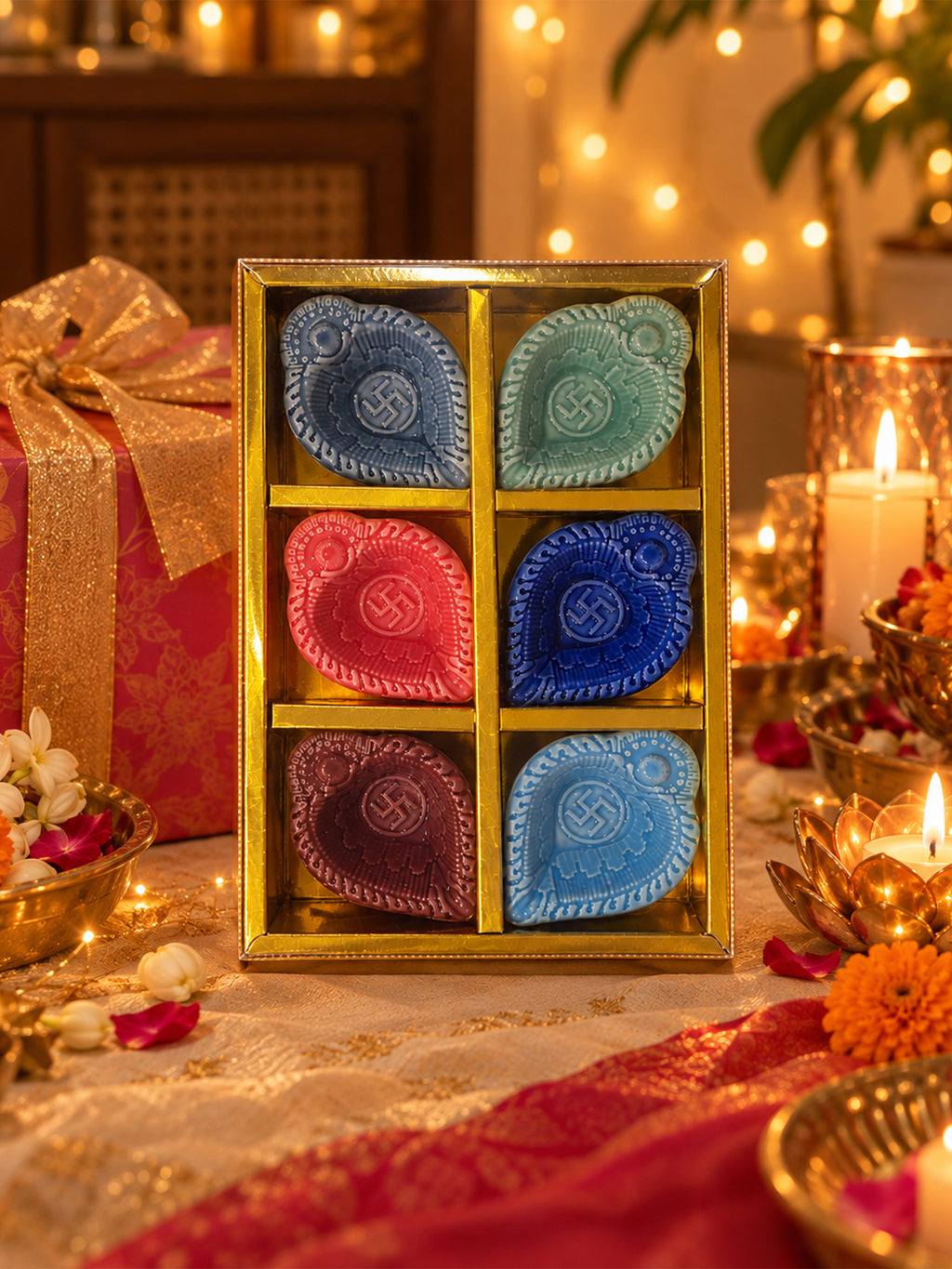 Mittiraa Home Colourful Ceramic Diya Gift Set | Beautiful Gift Pack | Set of 4