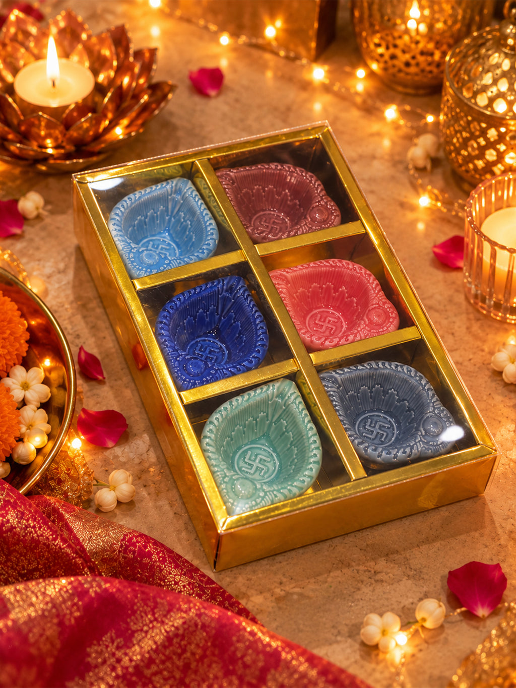 Mittiraa Home Colourful Ceramic Diya Gift Set | Beautiful Gift Pack | Set of 4
