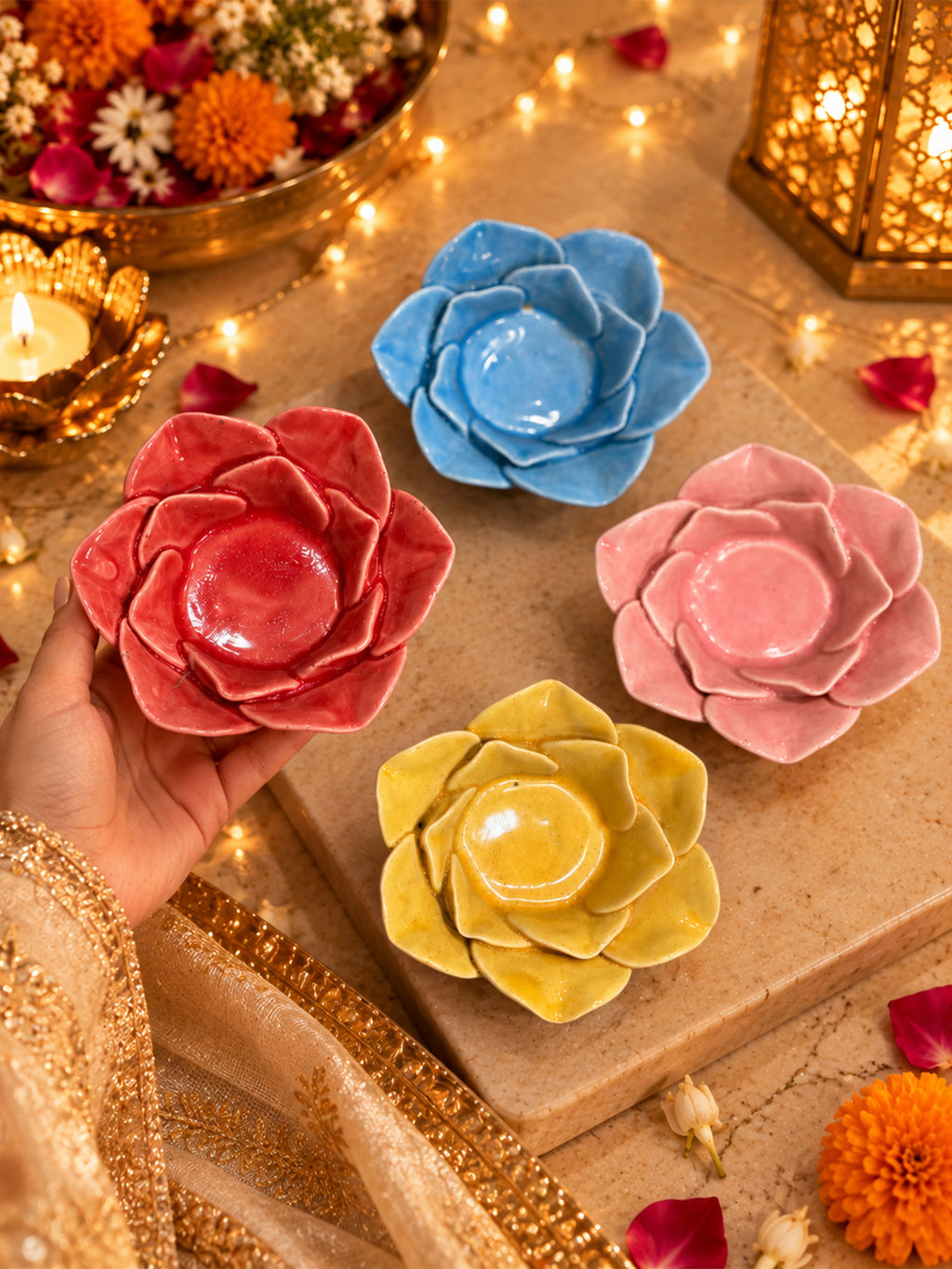 Flower Ceramic Tealight Holders Set of 4 🌸