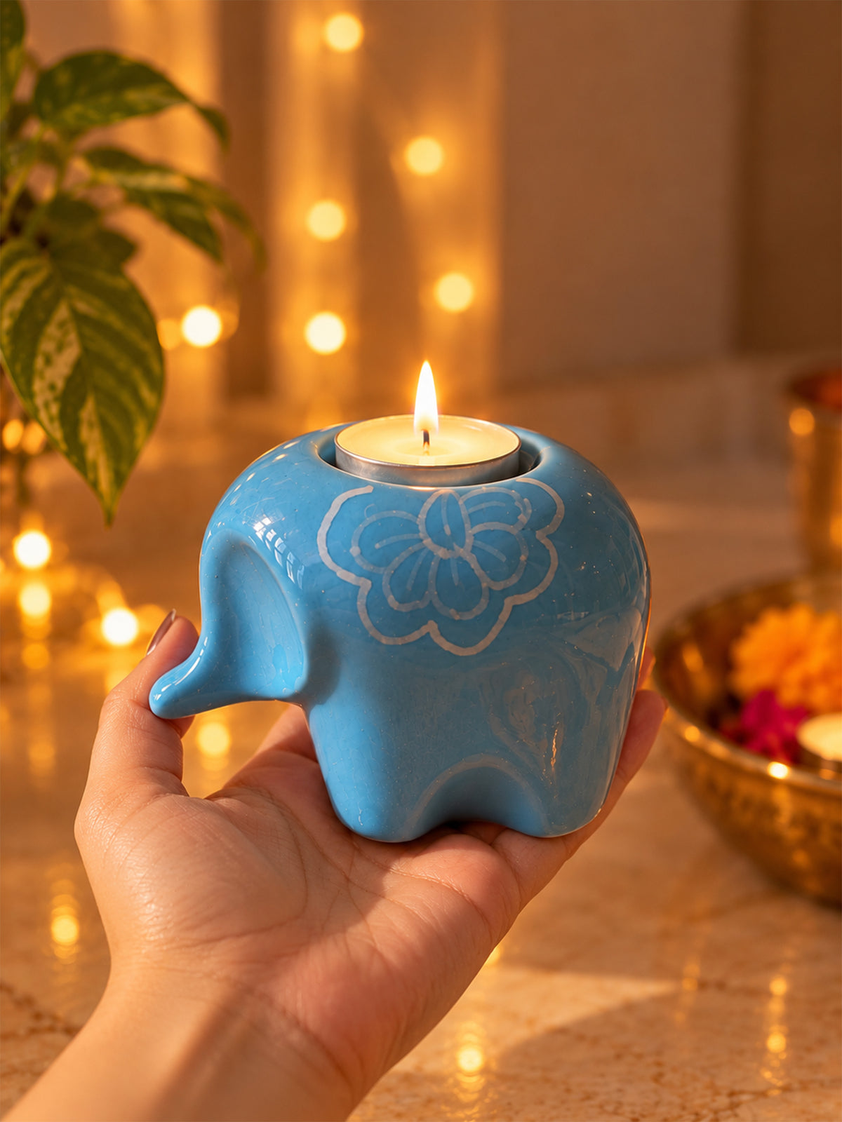 Mittiraa Home Blue Elephant Tealight Holder 🪔
