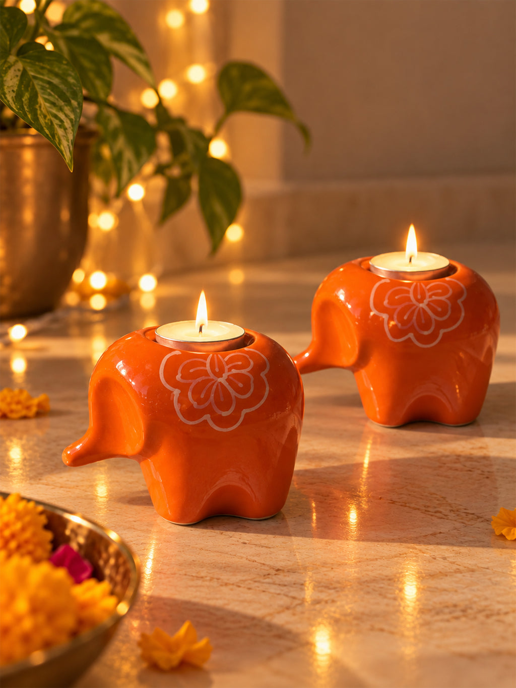 Mittiraa Home Orange Elephant Tealight Holder🪔