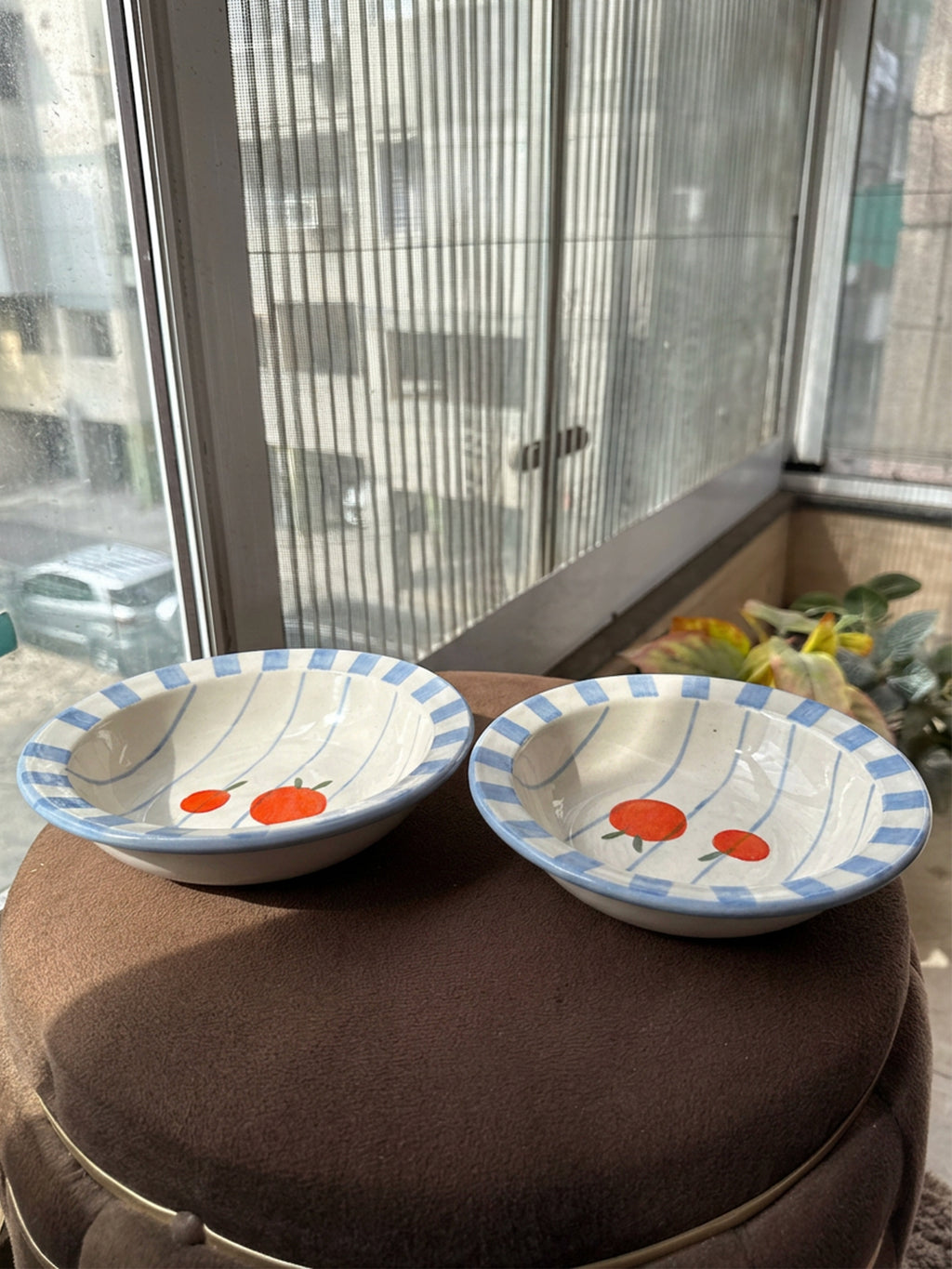 Orange Pasta Bowl with Blue Stripes (Pack of 2) | 18 cm