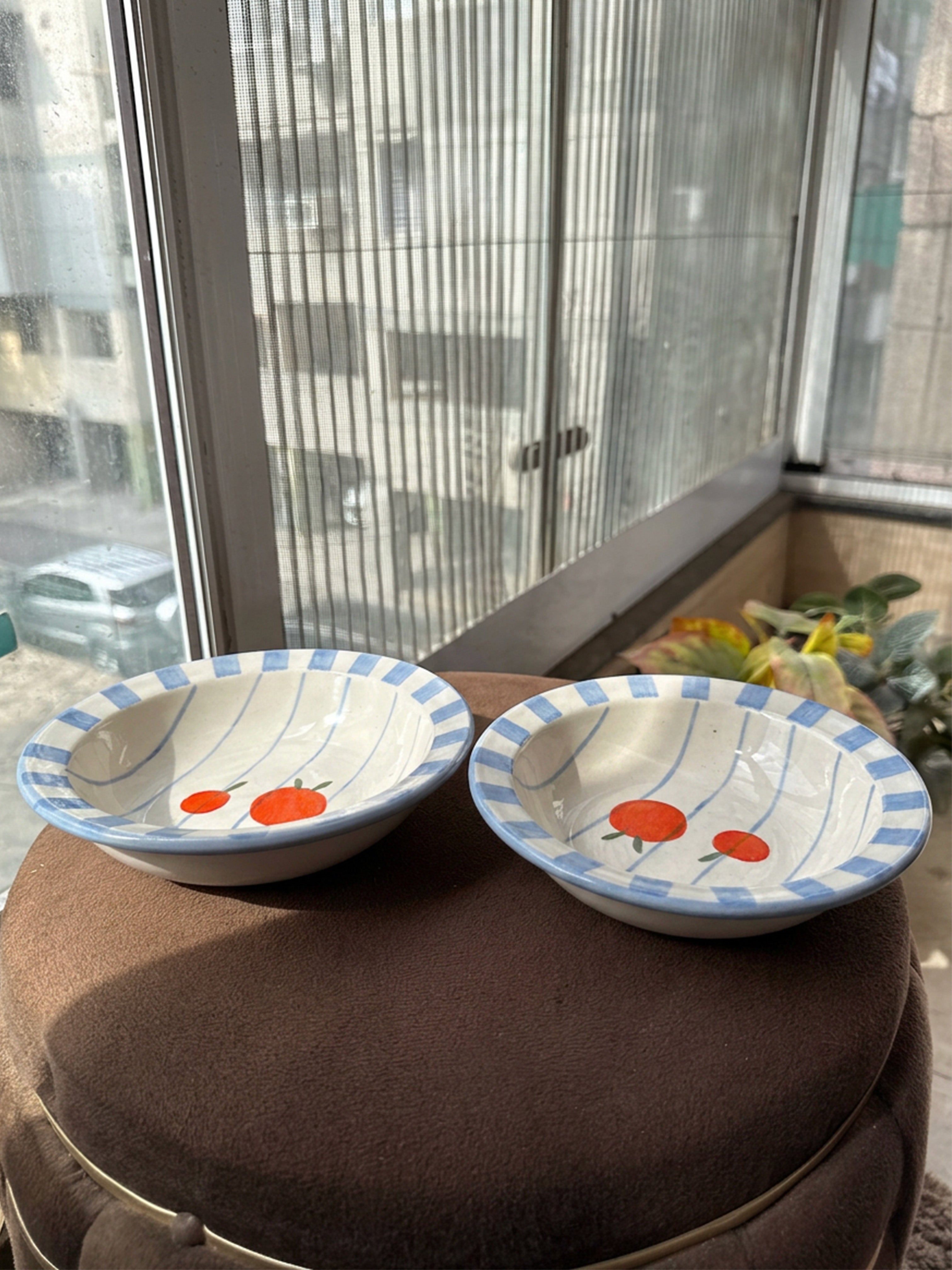Orange Pasta Bowl with Blue Stripes (Pack of 2) | 18 cm