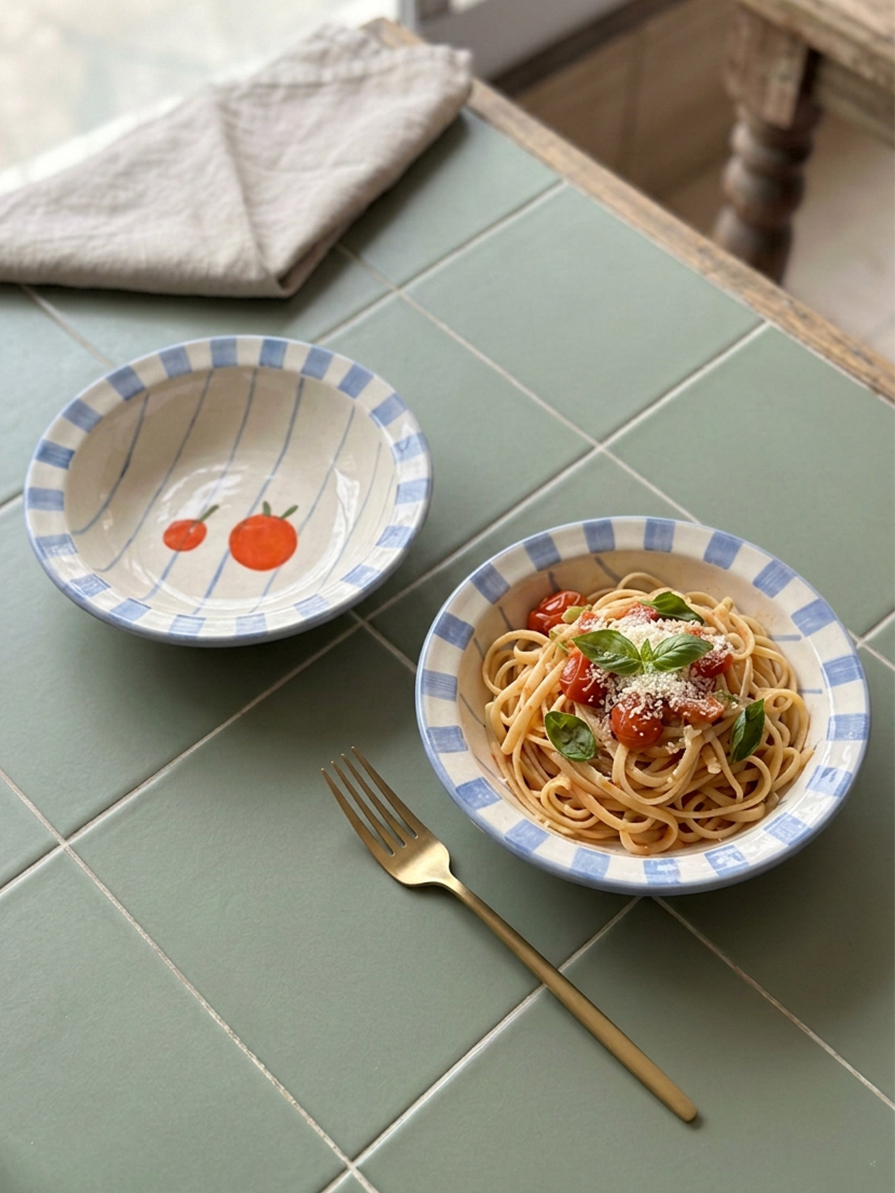 Orange Pasta Bowl with Blue Stripes (Pack of 2) | 18 cm