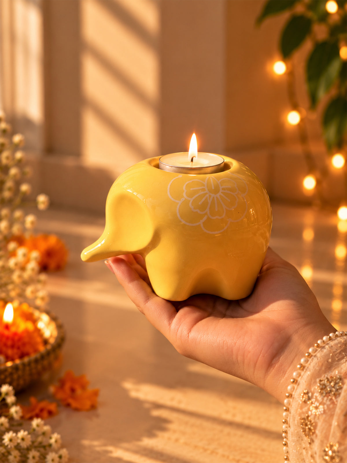 Mittiraa Home Yellow Elephant Tealight Holder