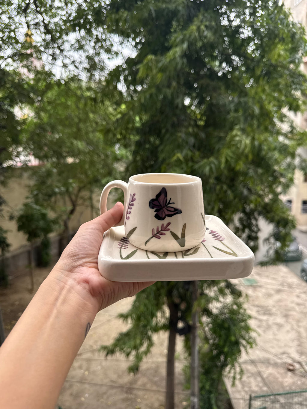 Lavender Butterfly Garden Mug & Saucer Set
