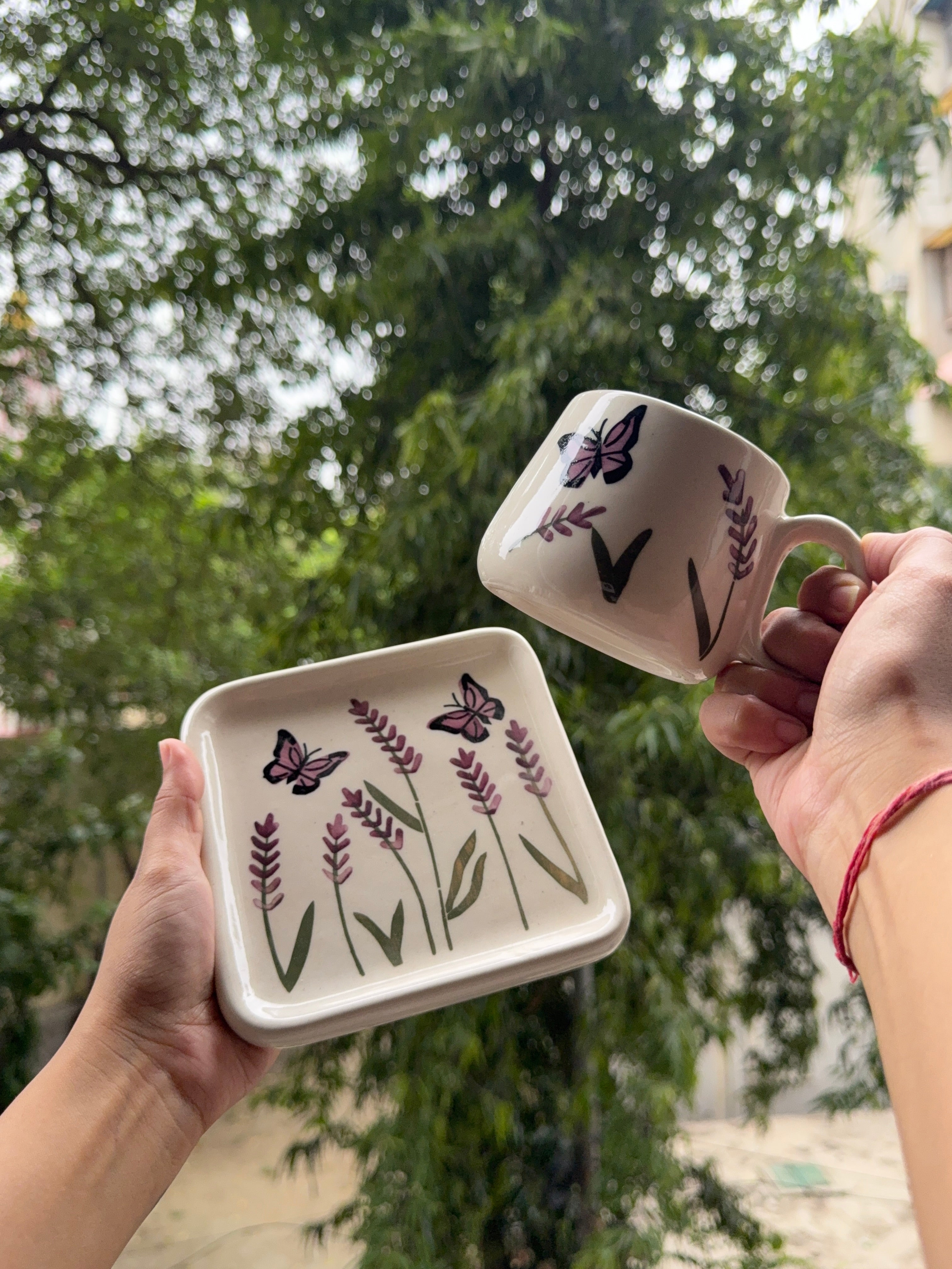 Lavender Butterfly Garden Mug & Saucer Set