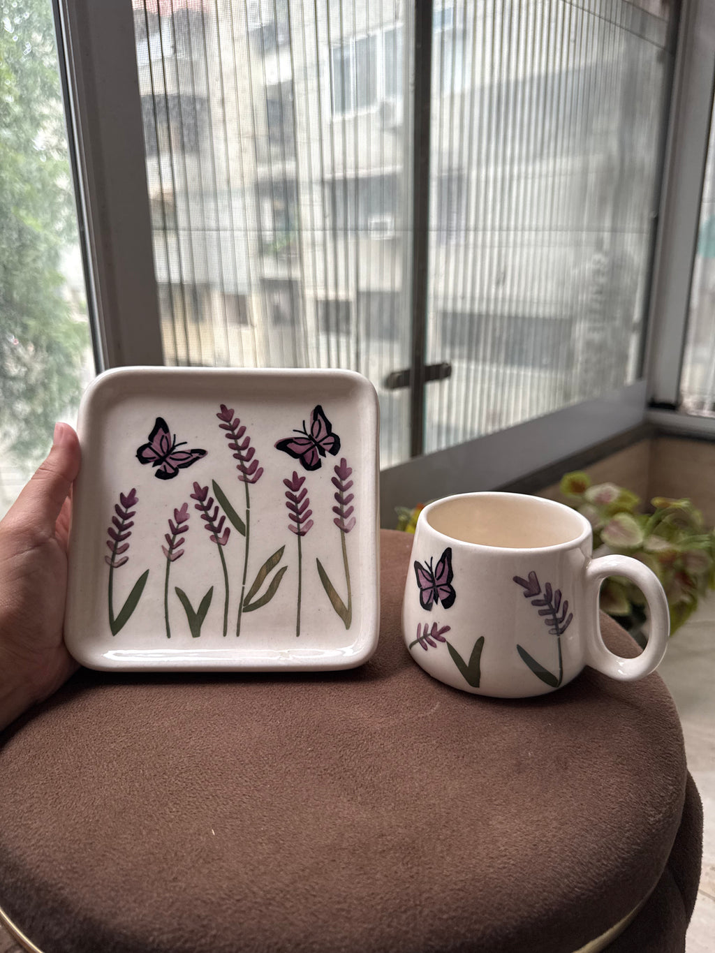 Lavender Butterfly Garden Mug & Saucer Set