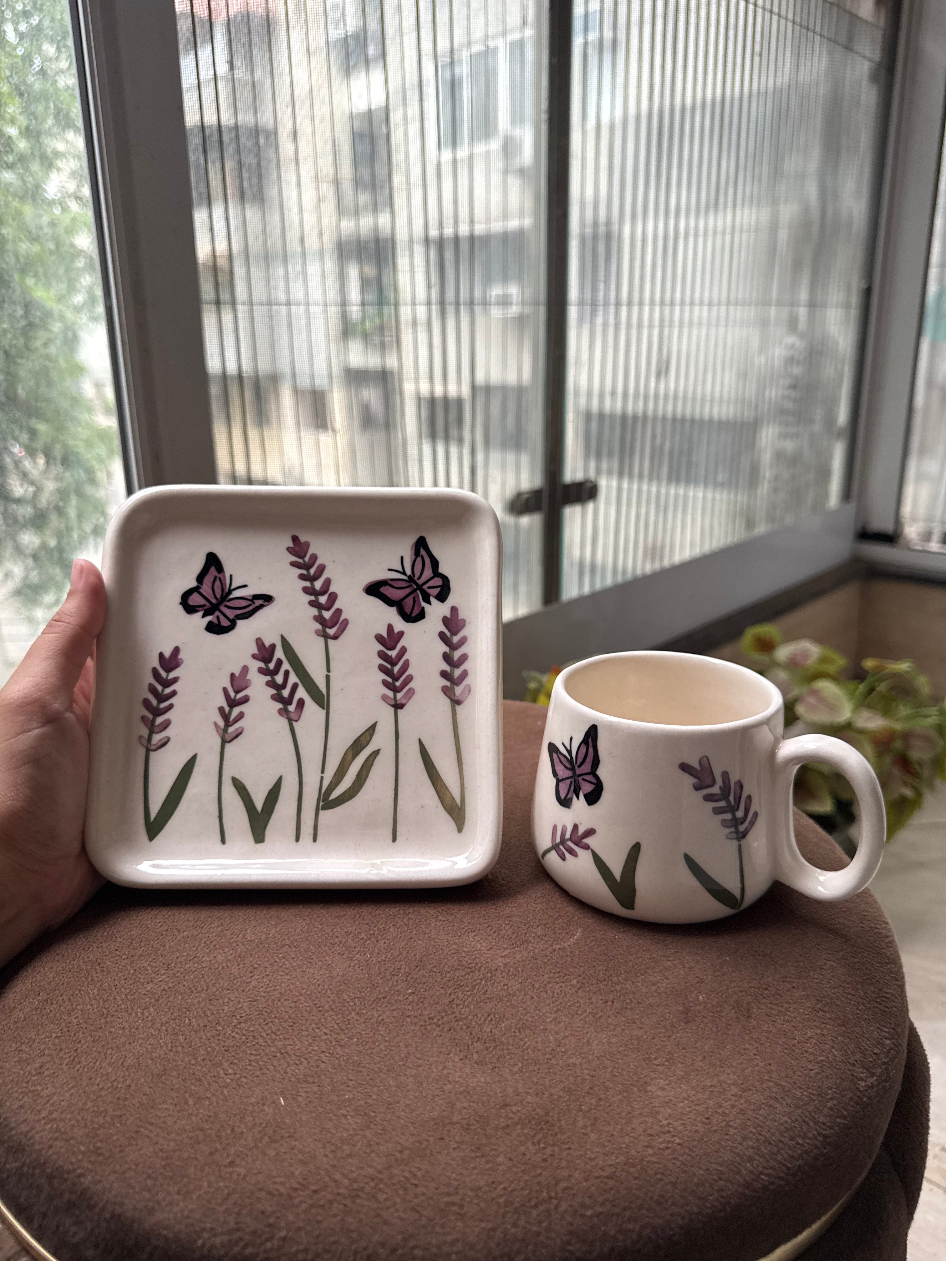 Lavender Butterfly Garden Mug & Saucer Set