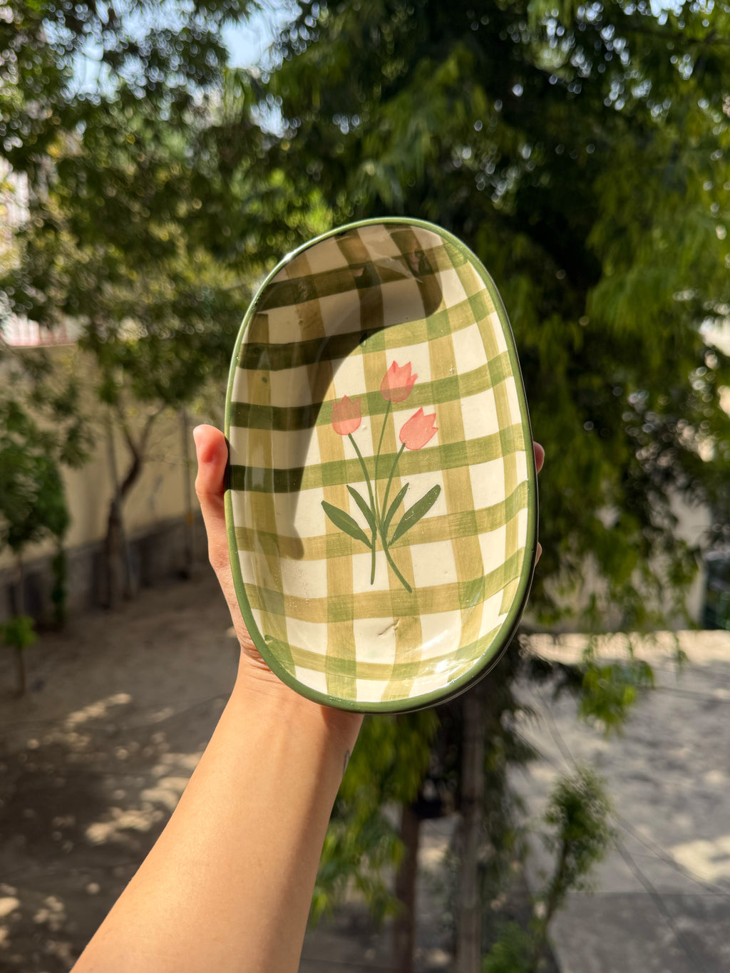 Green Checks Oval Bowl