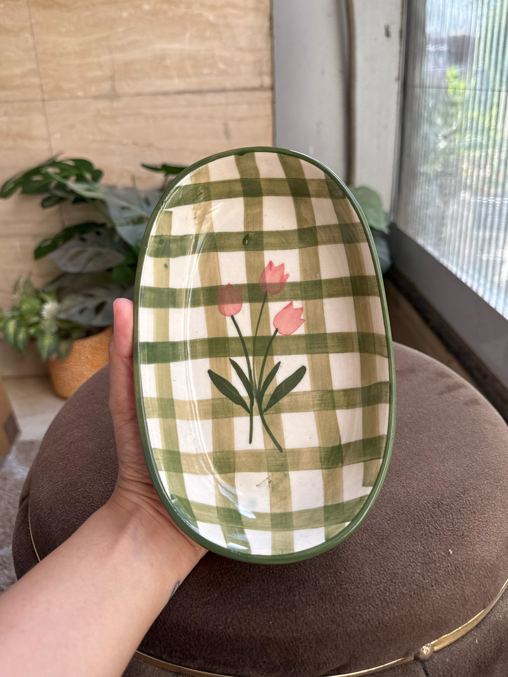 Green Checks Oval Bowl