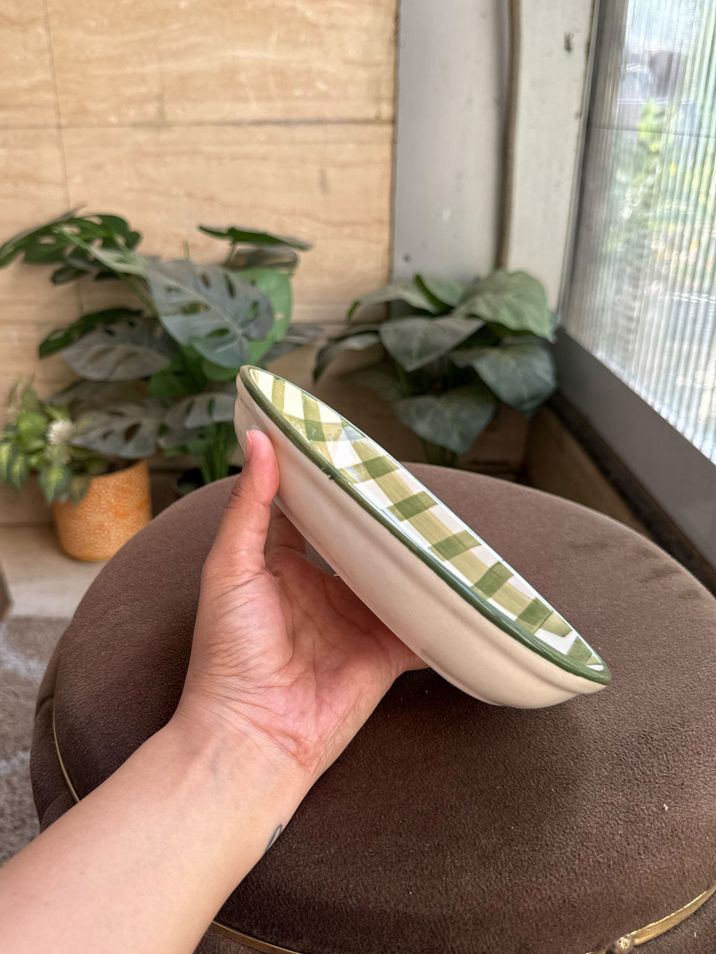 Green Checks Oval Bowl