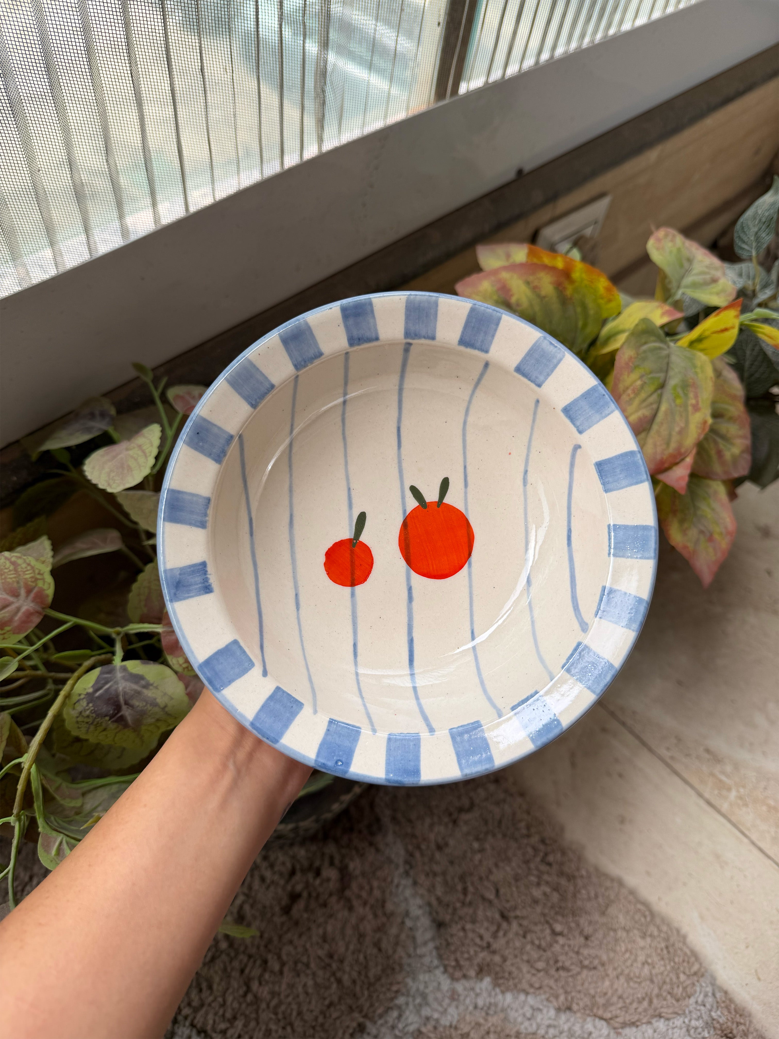 Orange Pasta Bowl with Blue Stripes (Pack of 2) | 18 cm