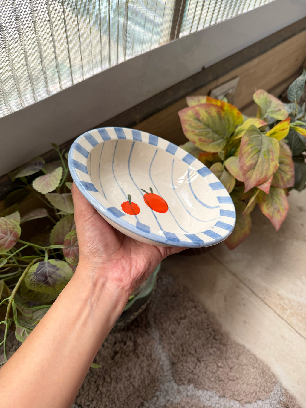Orange Pasta Bowl with Blue Stripes (Pack of 2) | 18 cm