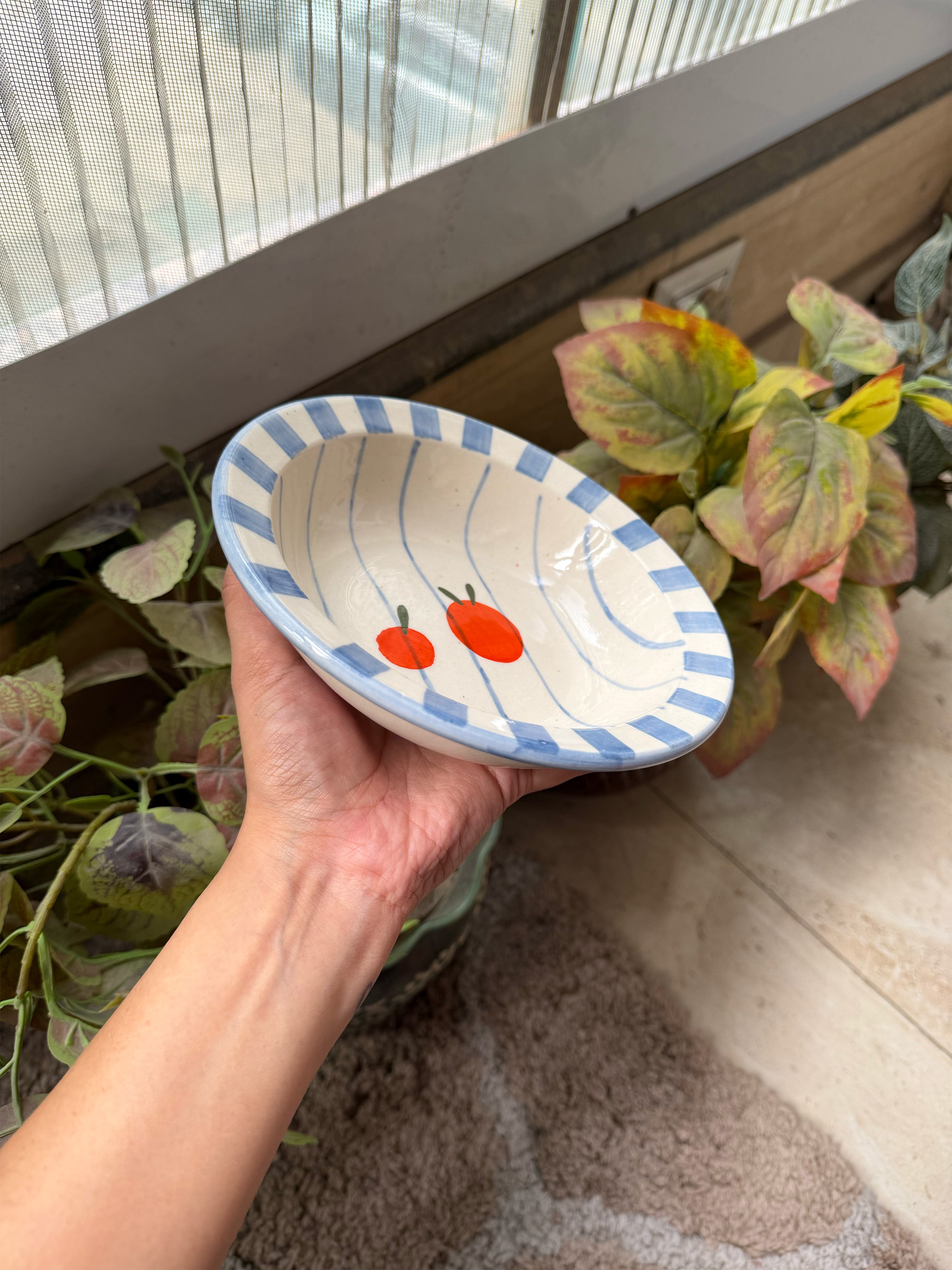 Orange Pasta Bowl with Blue Stripes (Pack of 2) | 18 cm