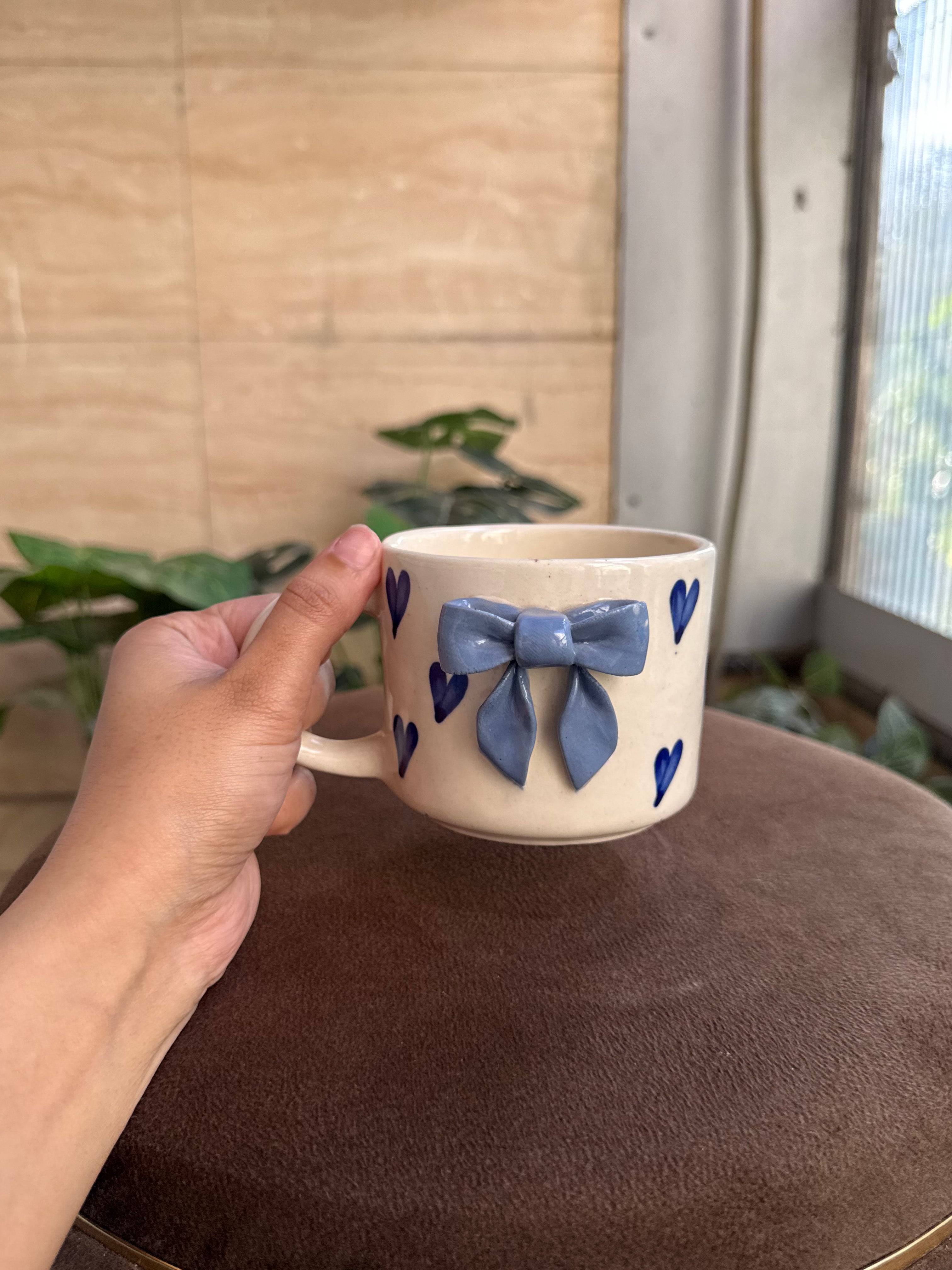 Blue Bow Mug with Blue Hearts