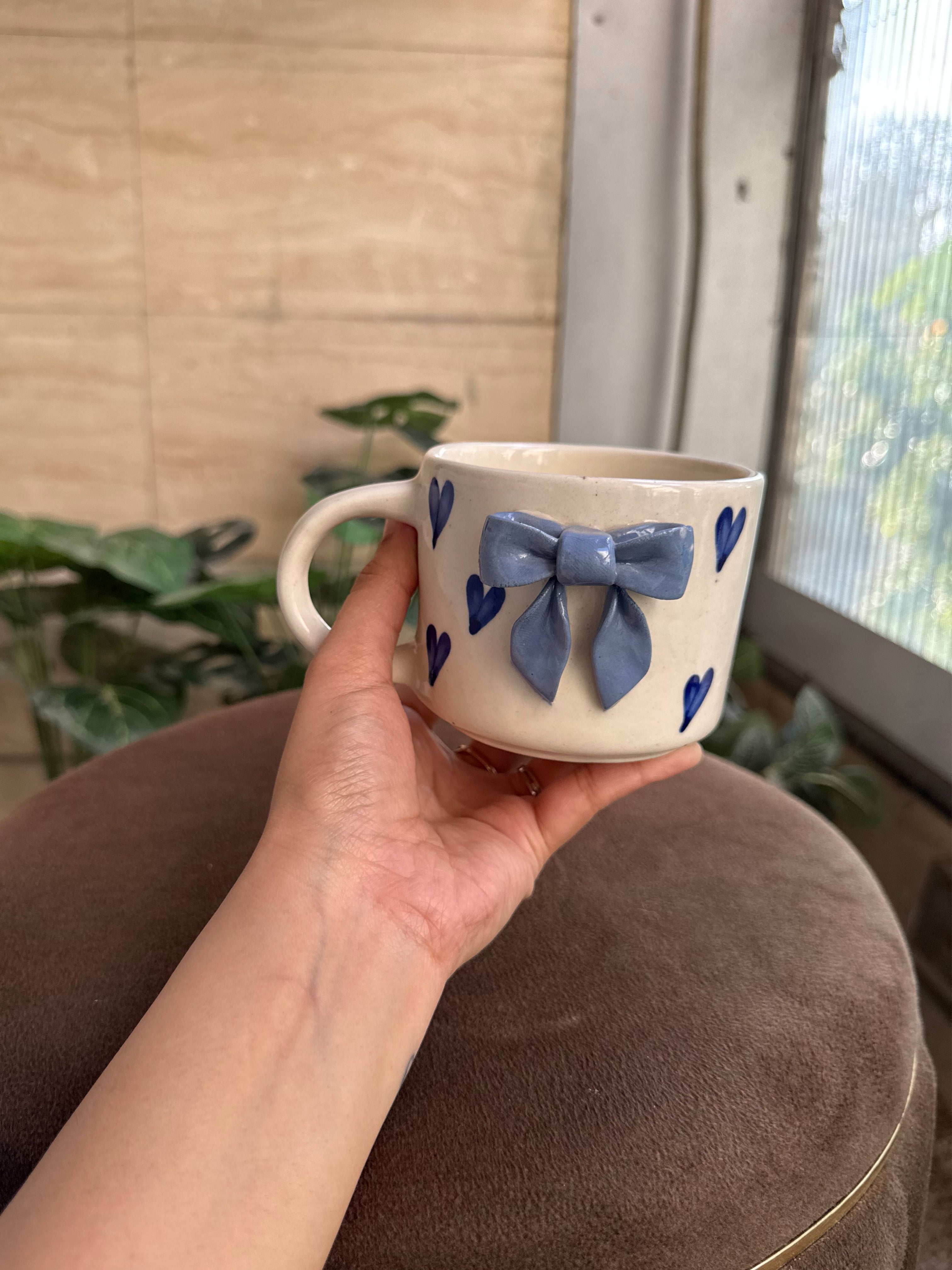 Blue Bow Mug with Blue Hearts