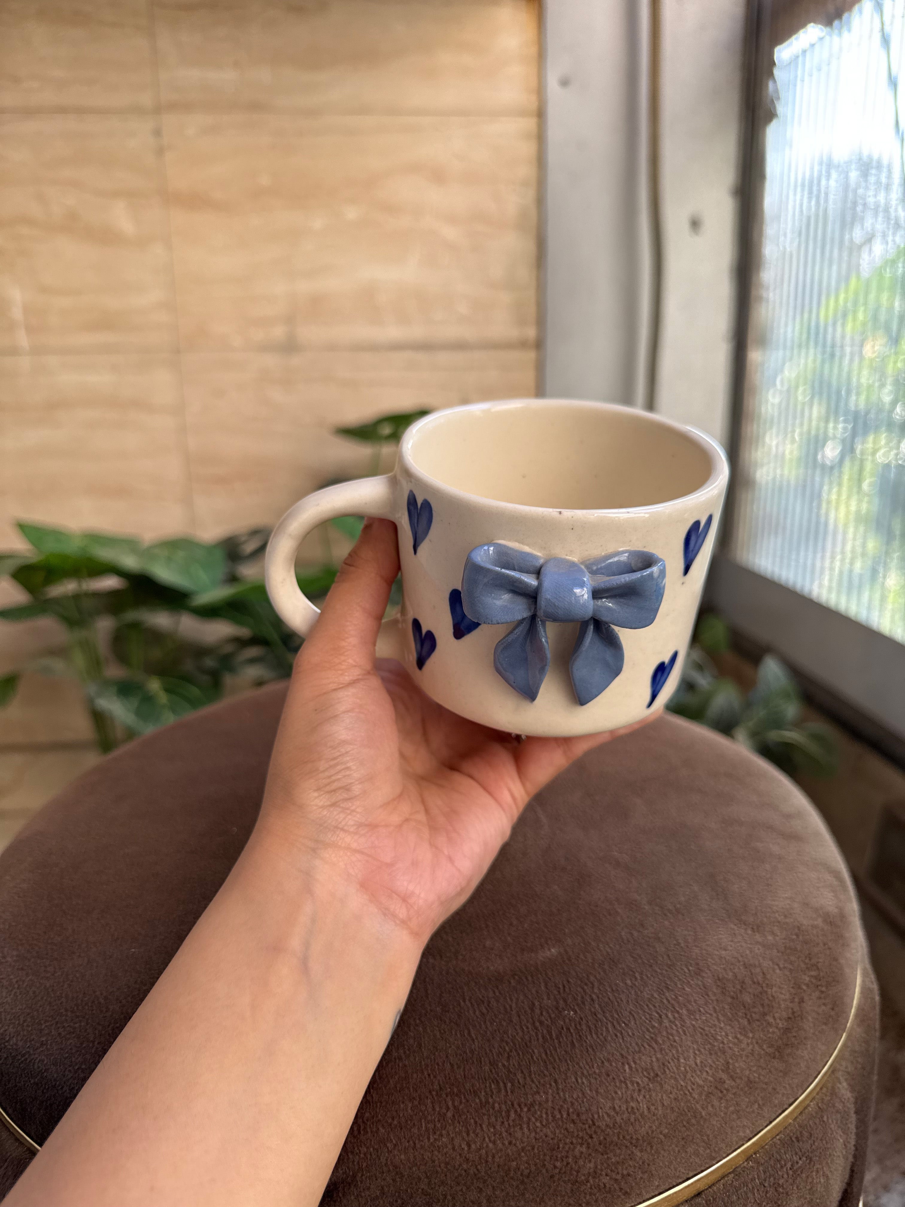 Blue Bow Mug with Blue Hearts