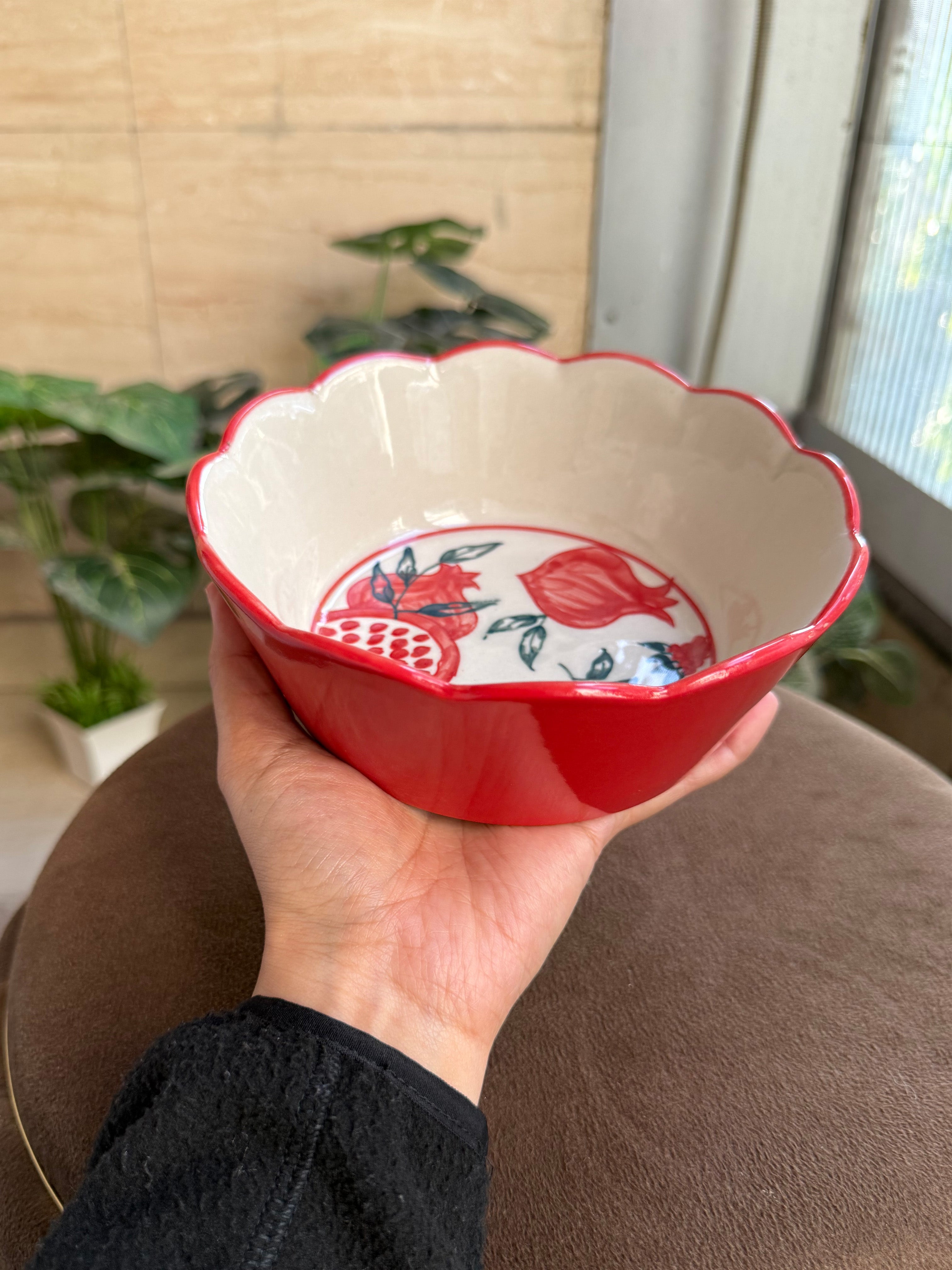 White Pomegranate Bowl with Red Border