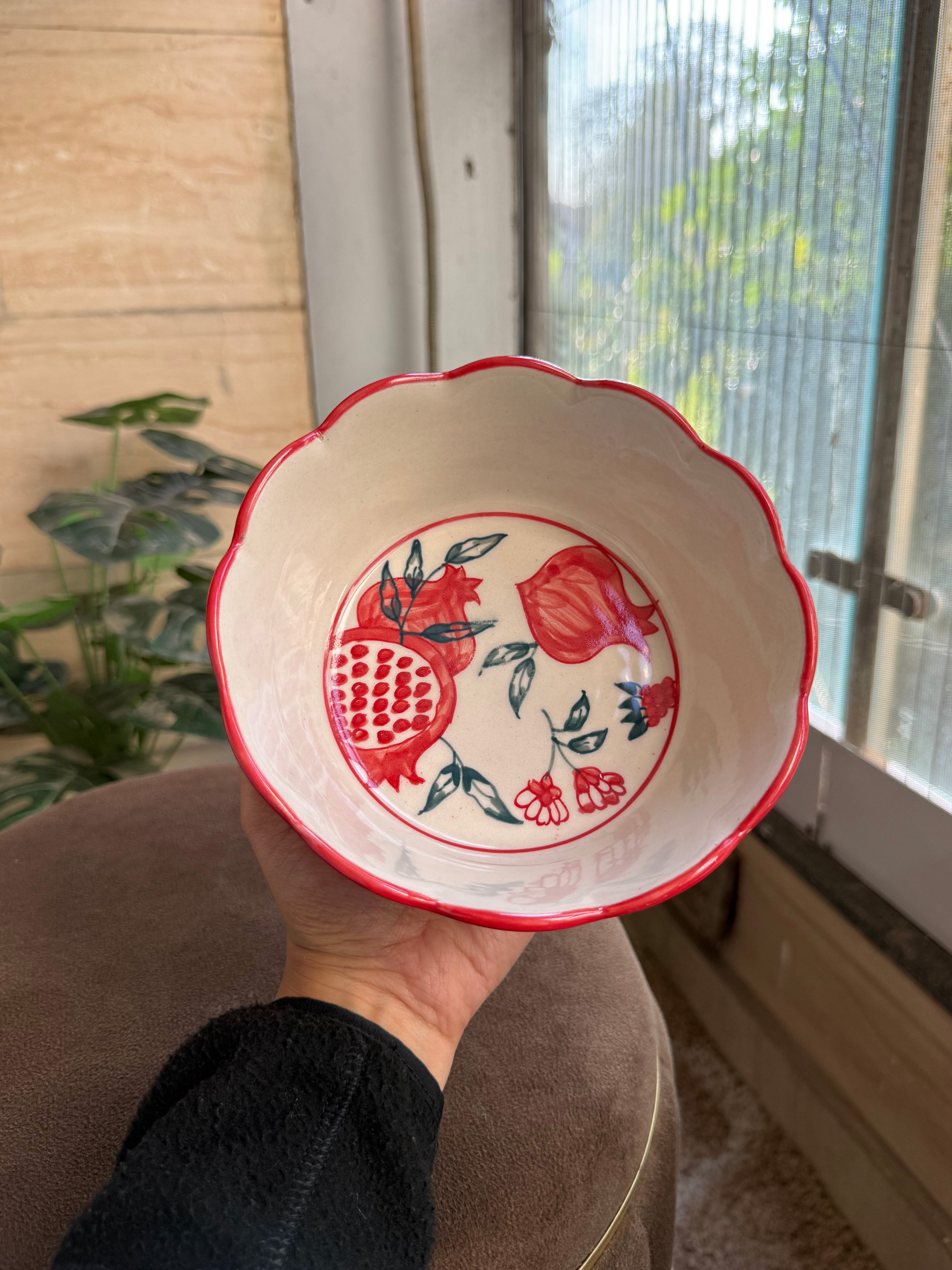 White Pomegranate Bowl with Red Border