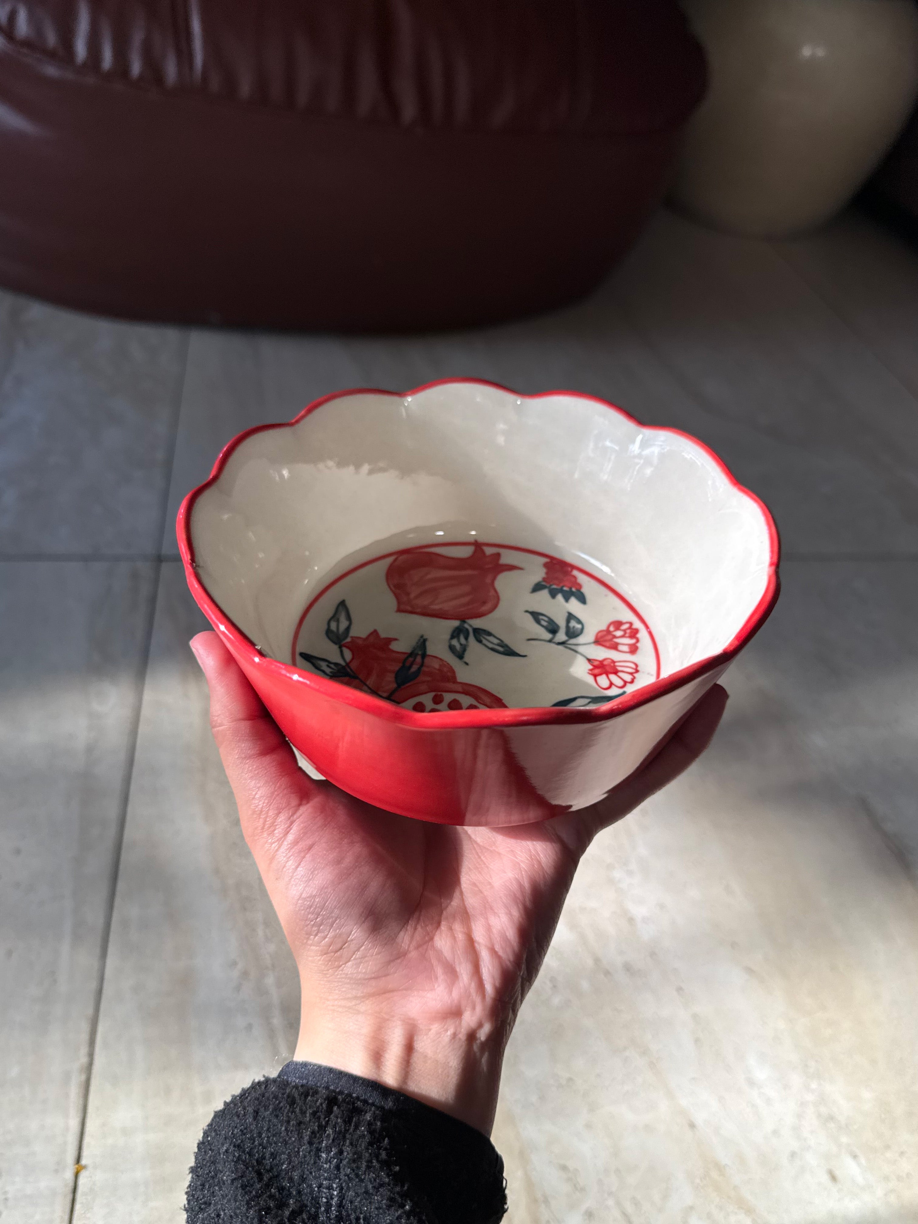 White Pomegranate Bowl with Red Border