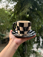 Black & White Checkerboard Ceramic Mug & Saucer ☕