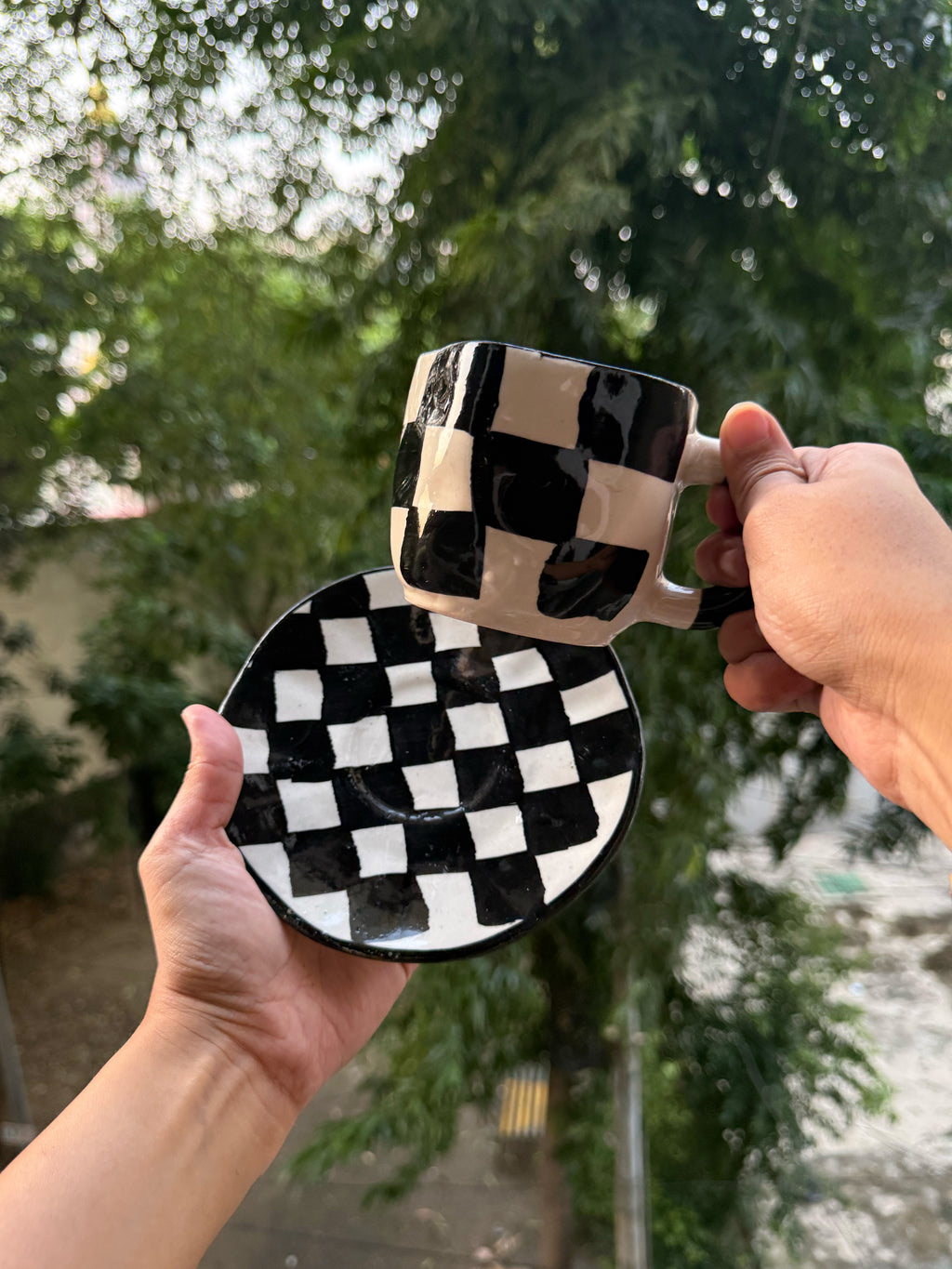 Black & White Checkerboard Ceramic Mug & Saucer ☕