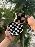 Black & White Checkerboard Ceramic Mug & Saucer ☕