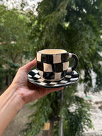 Black & White Checkerboard Ceramic Mug & Saucer ☕