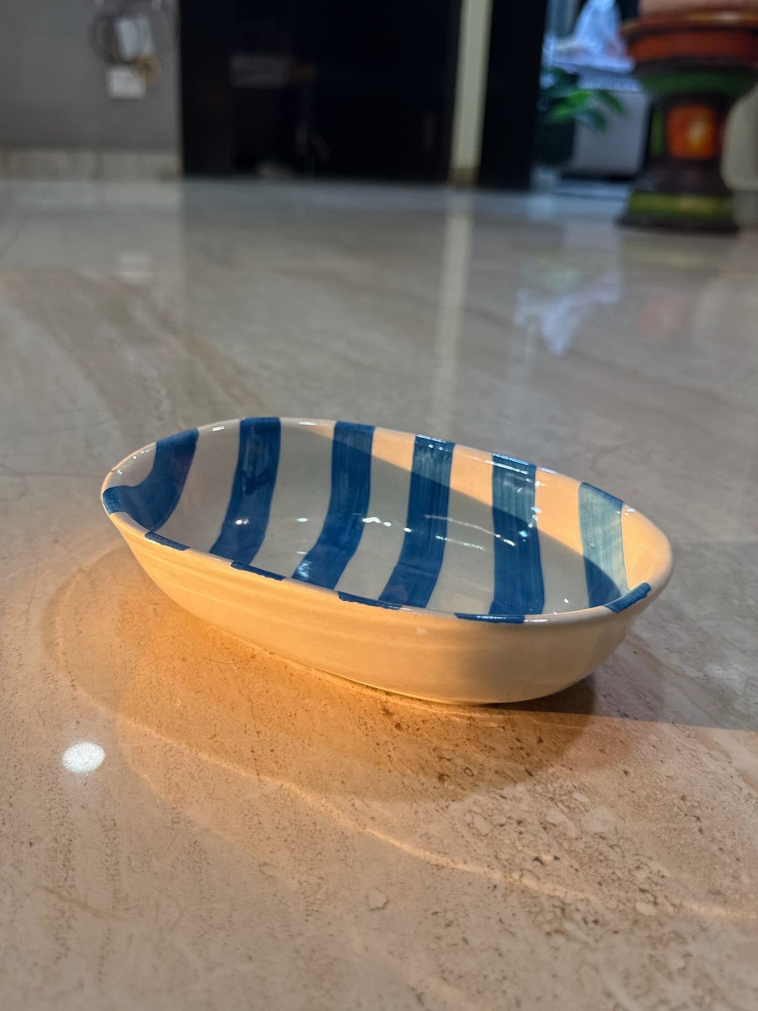 Blue Stripes Oval Bowl