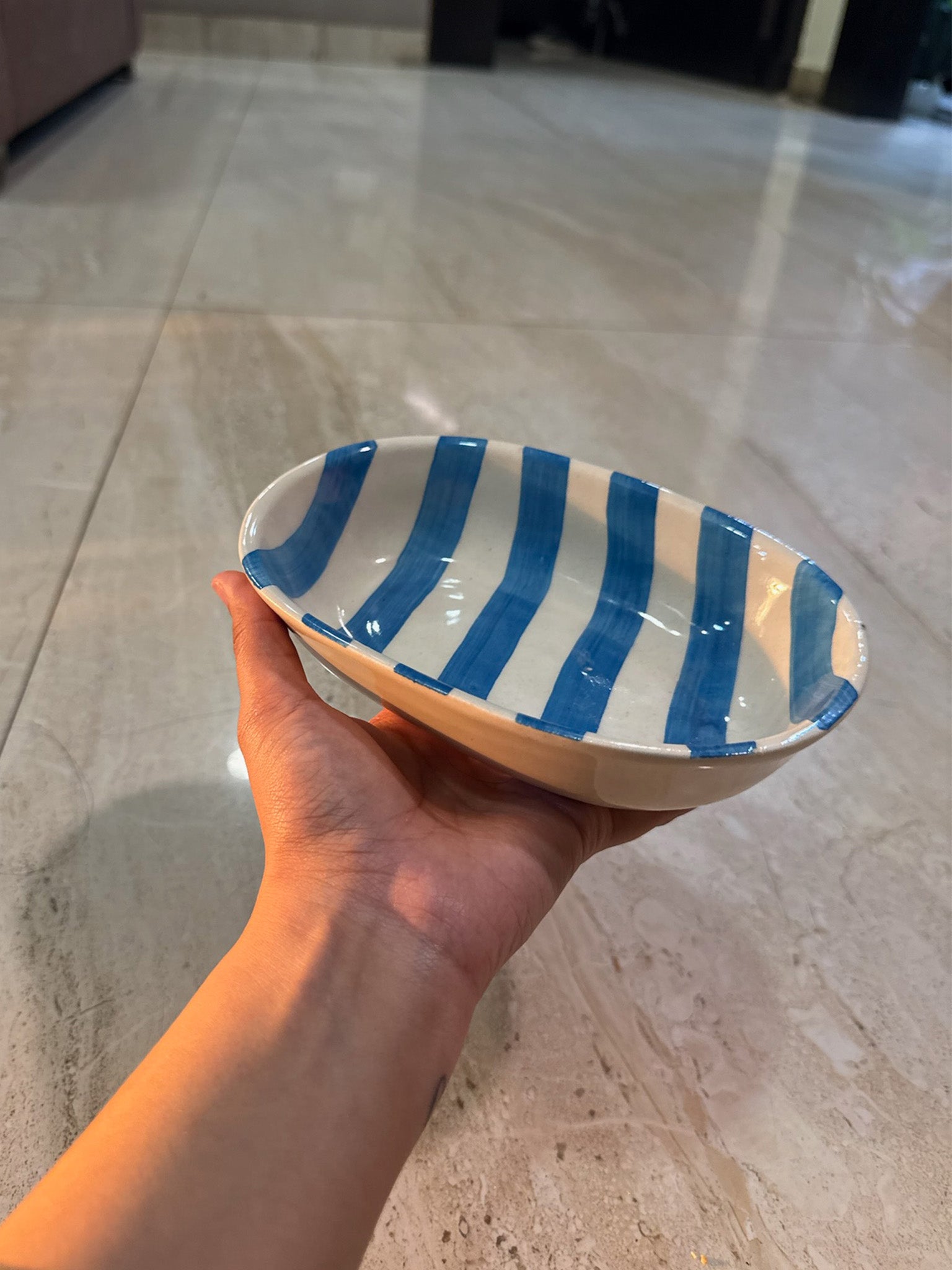 Blue Stripes Oval Bowl