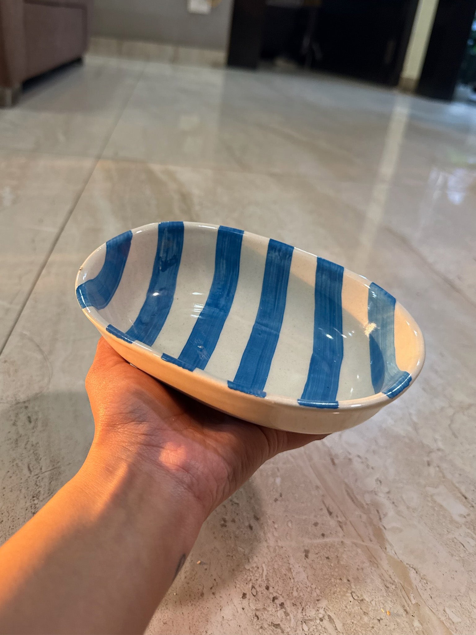 Blue Stripes Oval Bowl