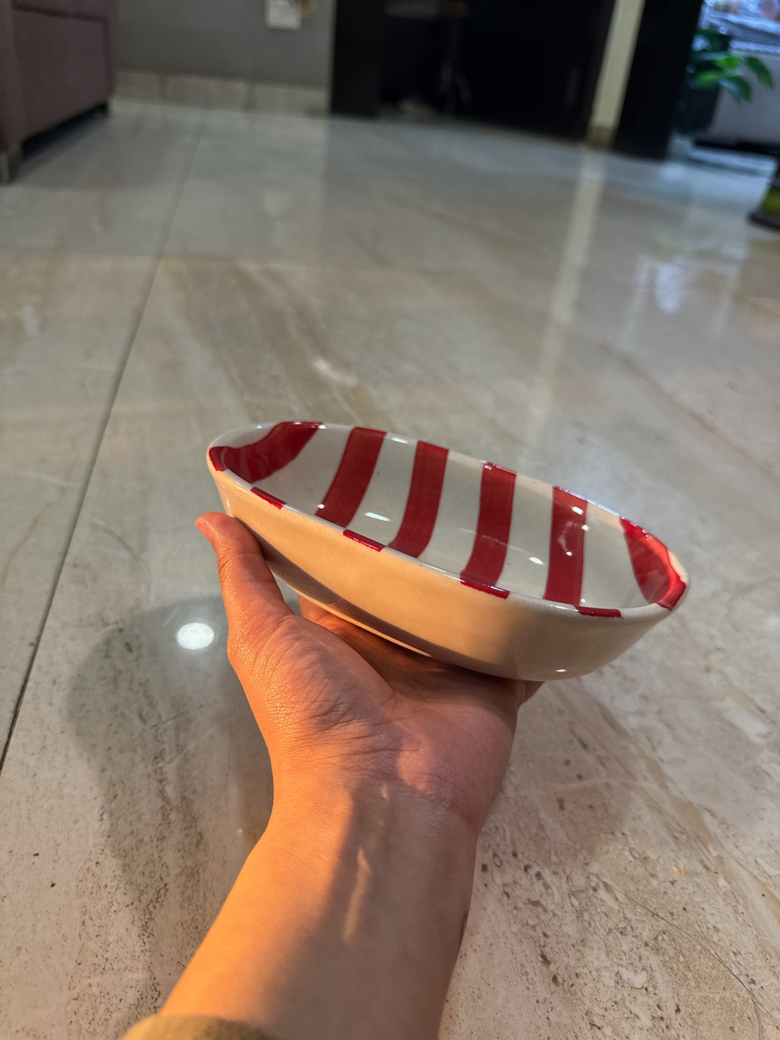 Red Stripes Oval Bowl