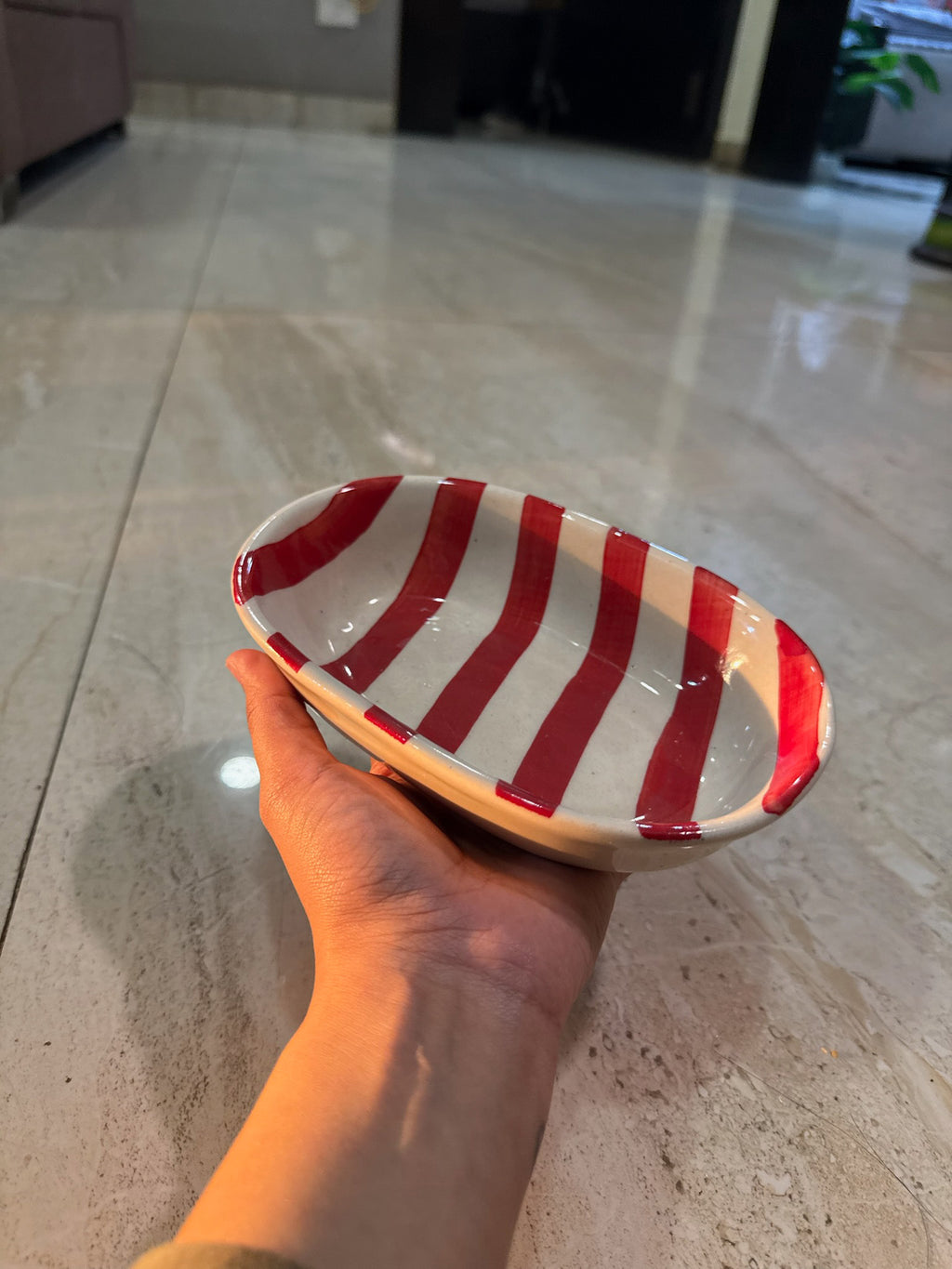 Red Stripes Oval Bowl