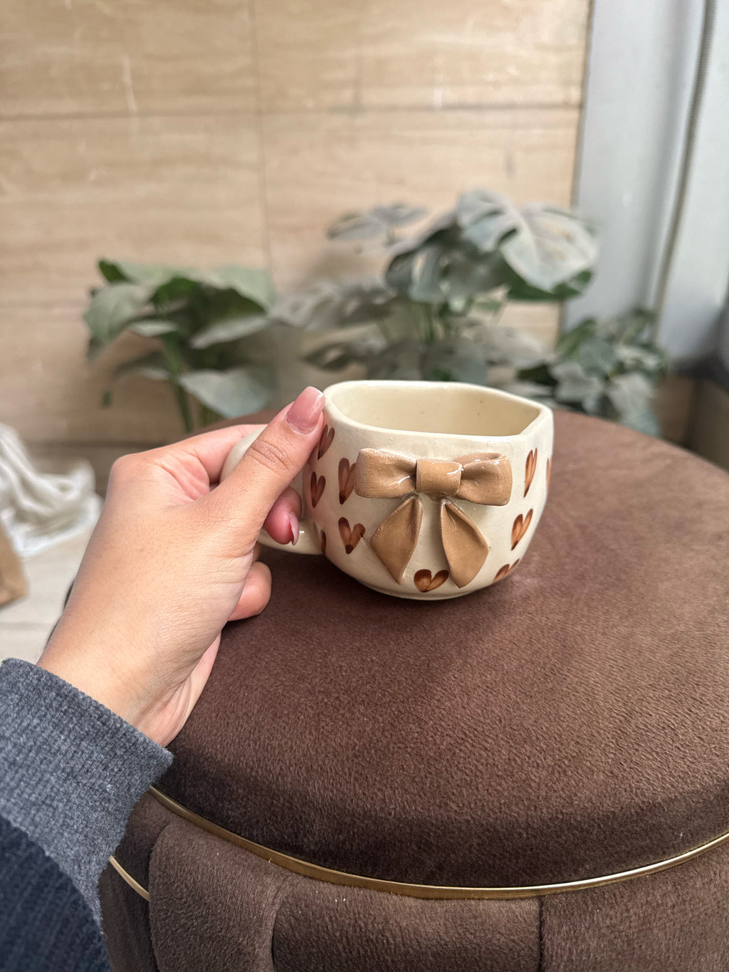 Brown Bow Mug with Hearts